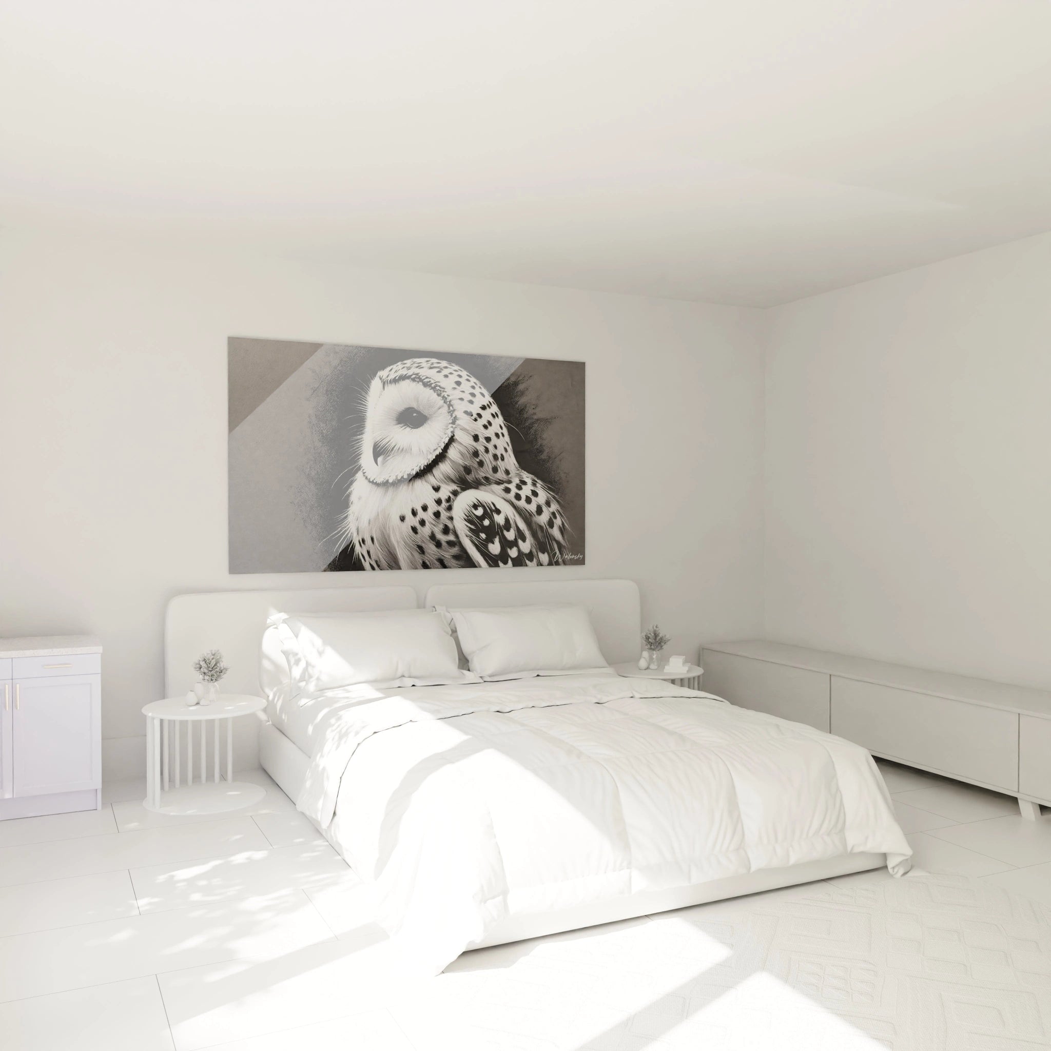 tableau chouette accroche au mur dans une chambre creez une ambiance sereine et elegante avec ce tableau noir et blanc au dessus de votre lit
