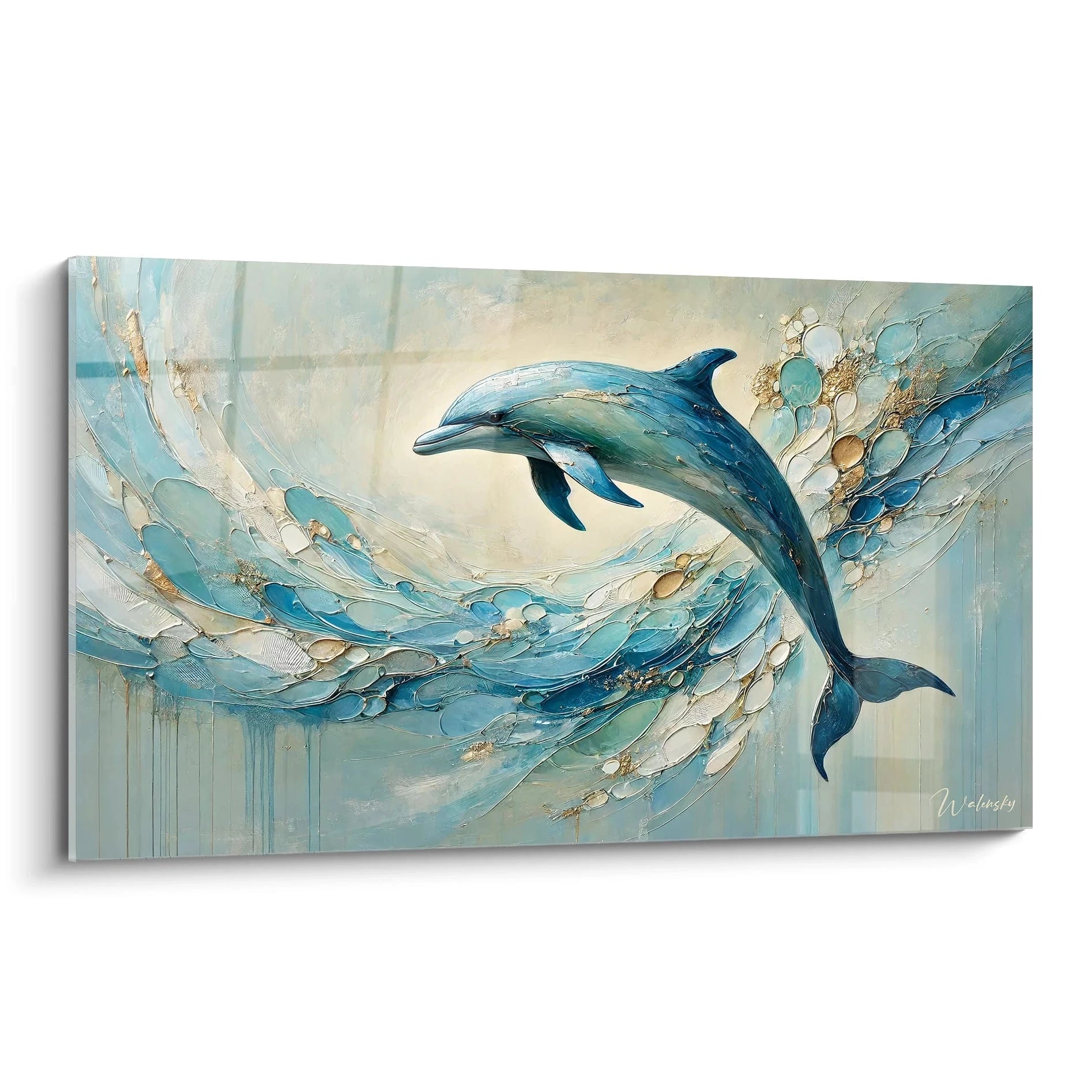 tableau dauphin vue de biais capture la fluidite du mouvement marin. Le dauphin emerge d'une vague stylisee, melange subtil de realisme et abstraction, ideal pour apporter une touche poetique a votre interieur.
