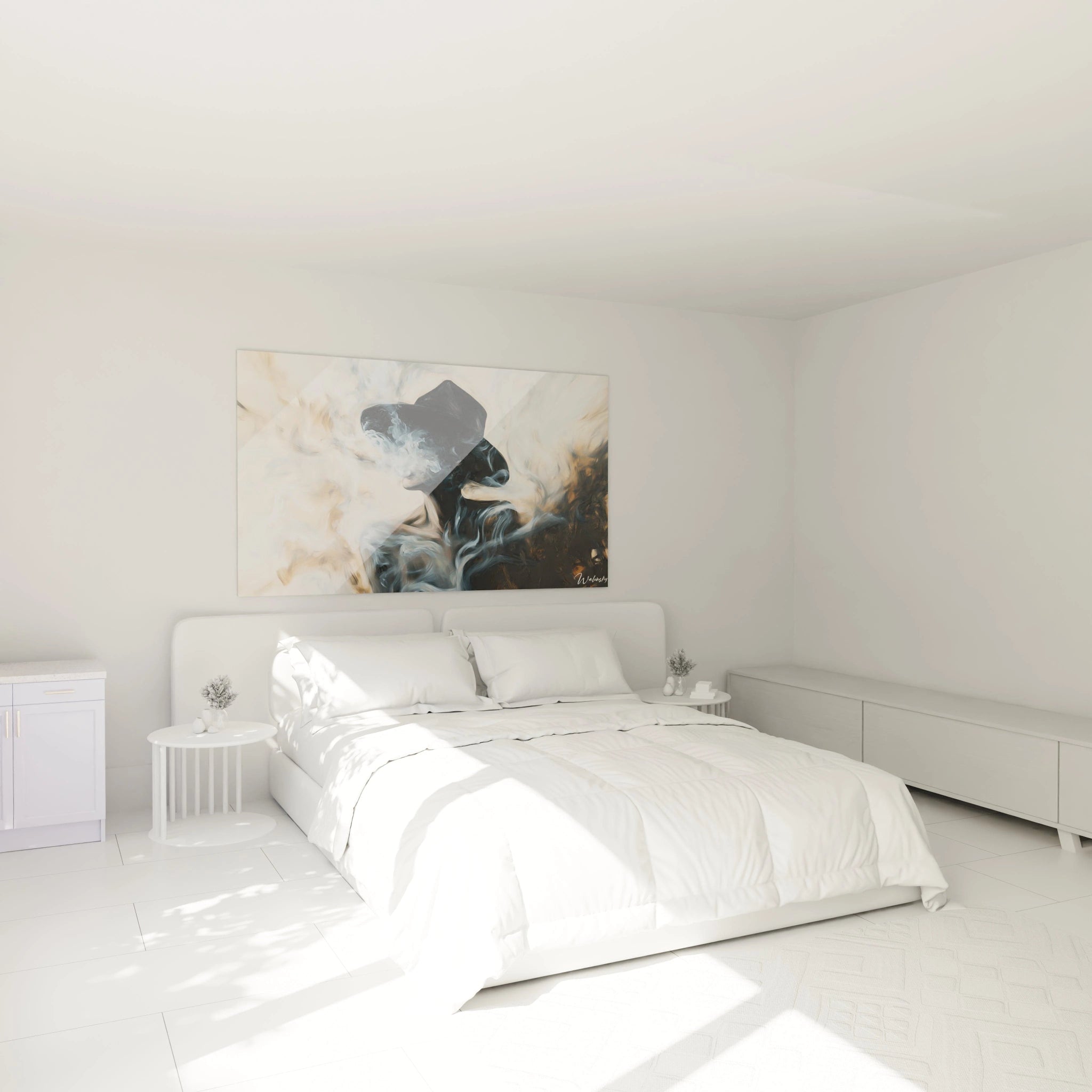 Une composition figurative abstraite montrant une silhouette en noir, recouverte de nuages de fumée beige et grise, avec des contours flous et des contrastes de tons sombres et neutres.