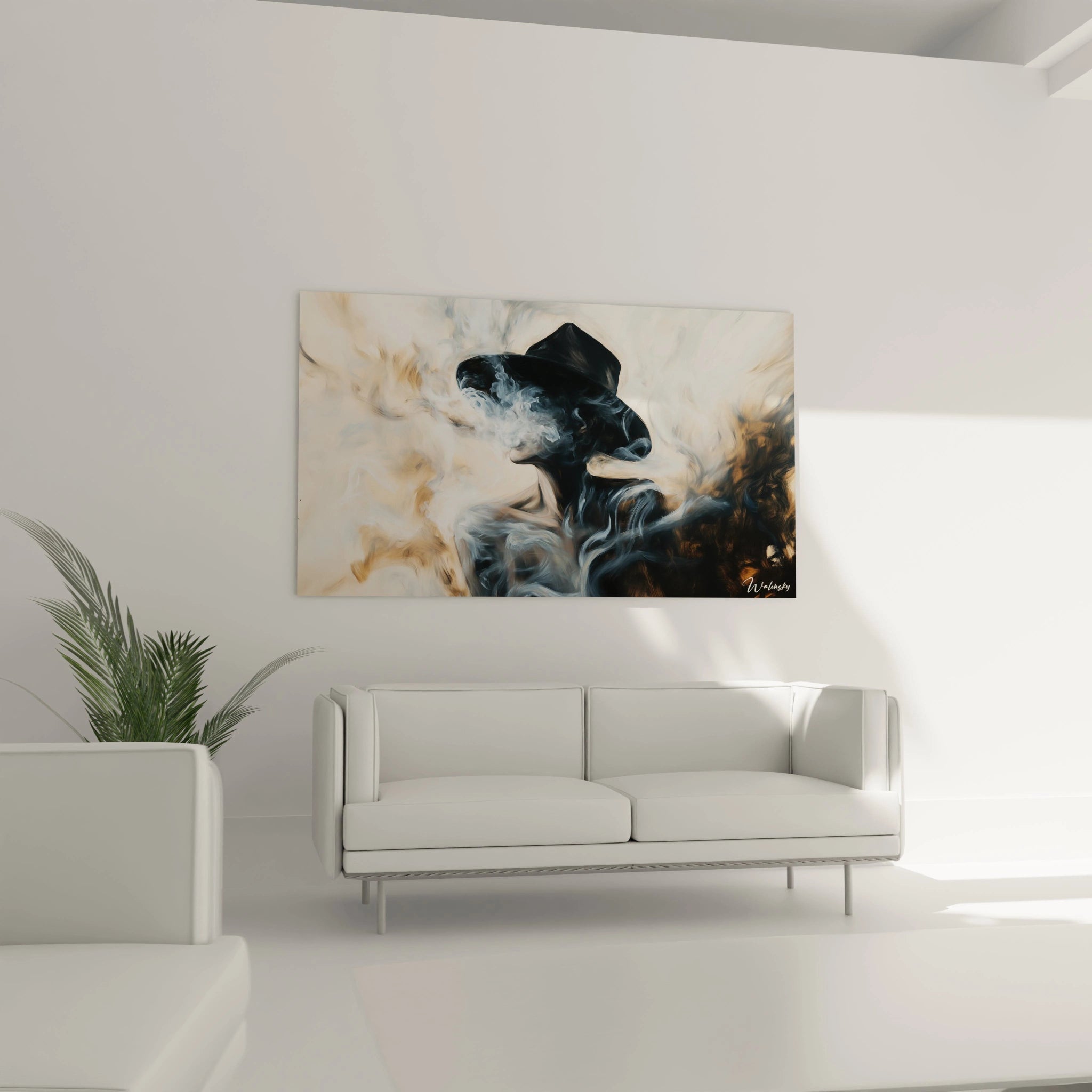 Tableau figuratif abstrait avec une silhouette noire et des volutes vaporeuses en beige et gris, accentuées par des transitions de couleurs douces et des textures lisses et éthérées.