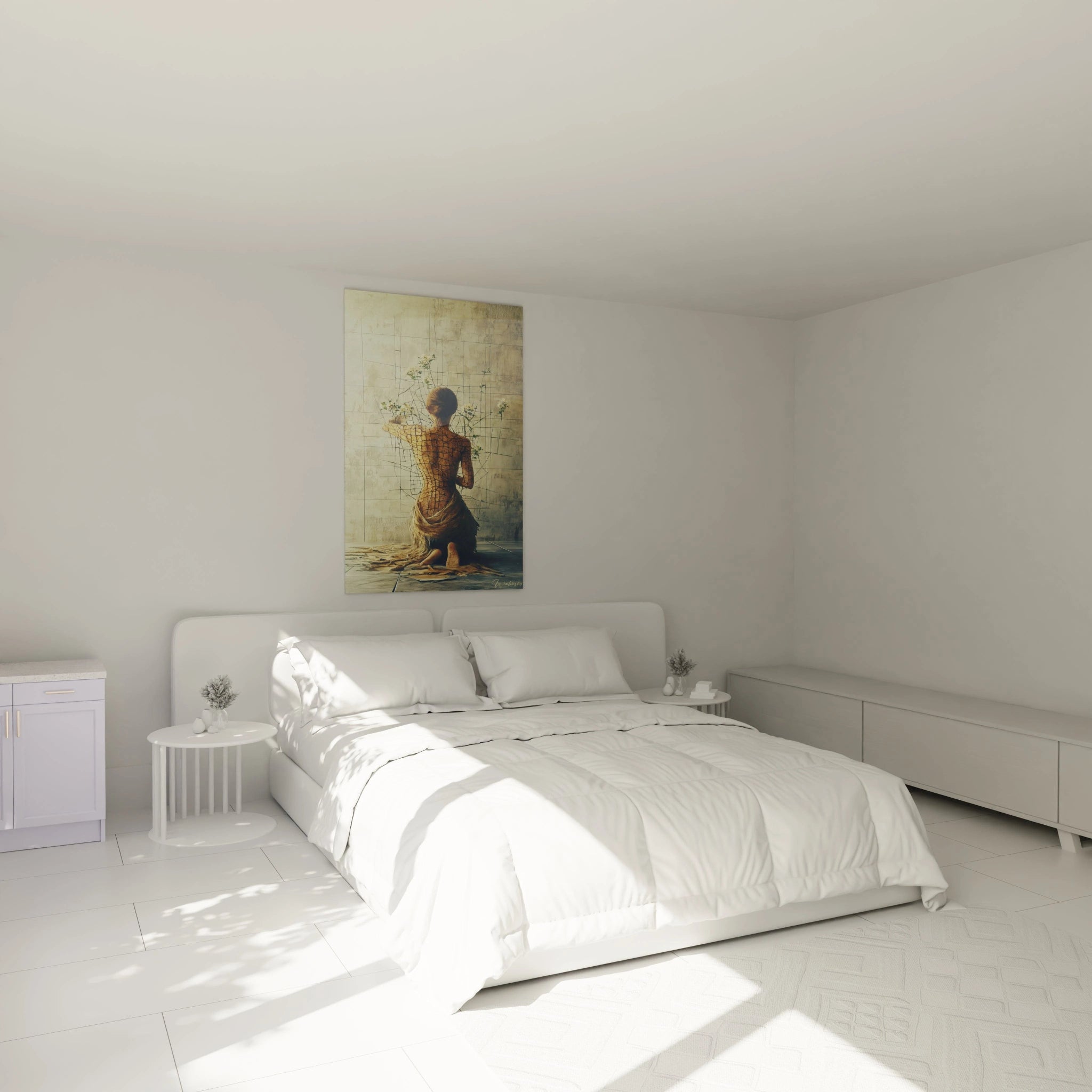 Une composition d’un tableau surréalisme abstrait montrant une figure humaine craquelée avec des fleurs blanches sur un fond beige et des lignes noires dessinées en arrière-plan.