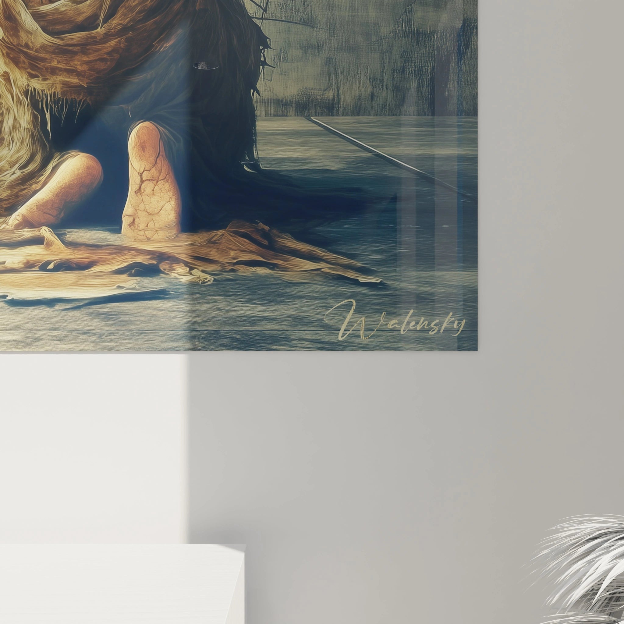 Une œuvre surréalisme abstrait centrée sur un dos humain texturé, des fleurs blanches délicates, et des couleurs principales beige, marron et doré.