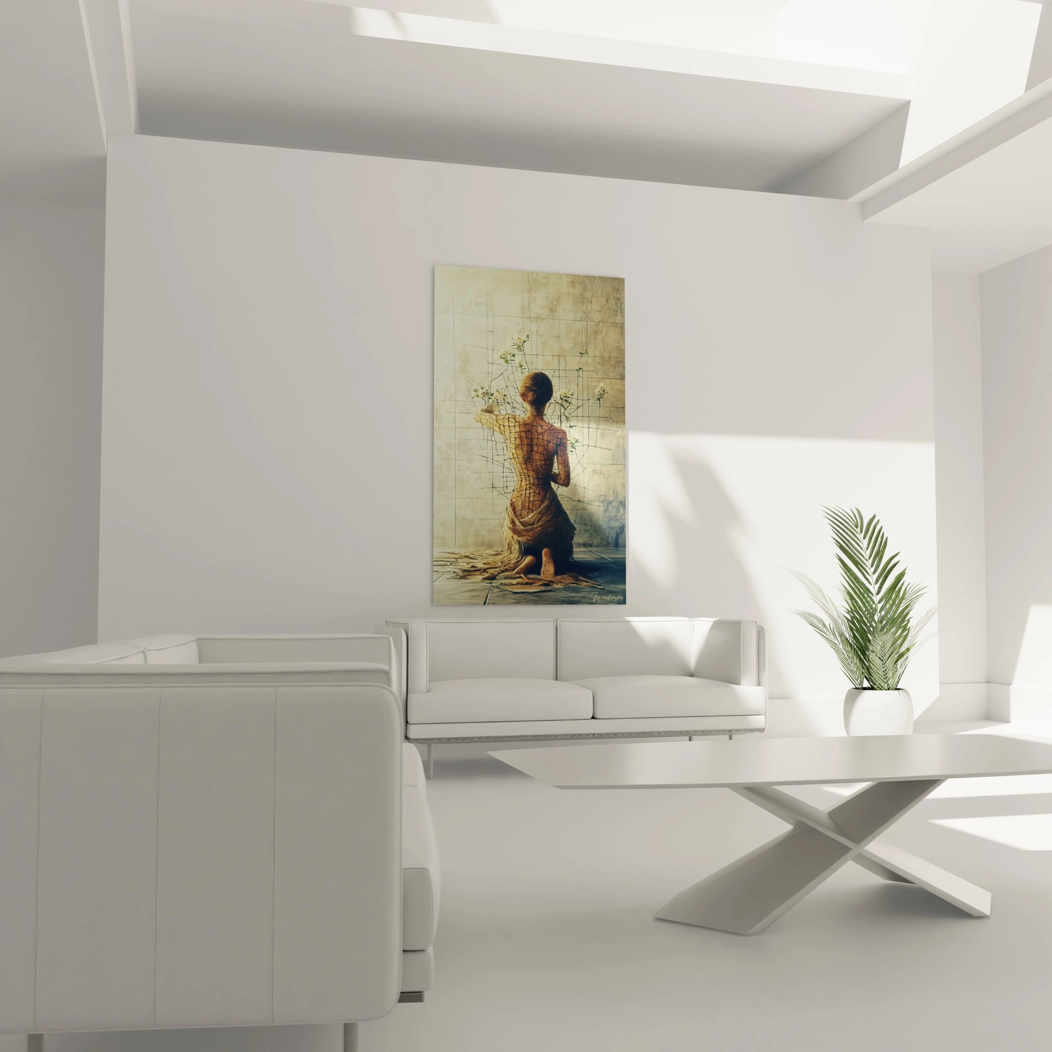 Un tableau surréalisme abstrait illustrant une silhouette assise, des textures organiques marron, et un arrière-plan beige aux lignes droites et géométriques.