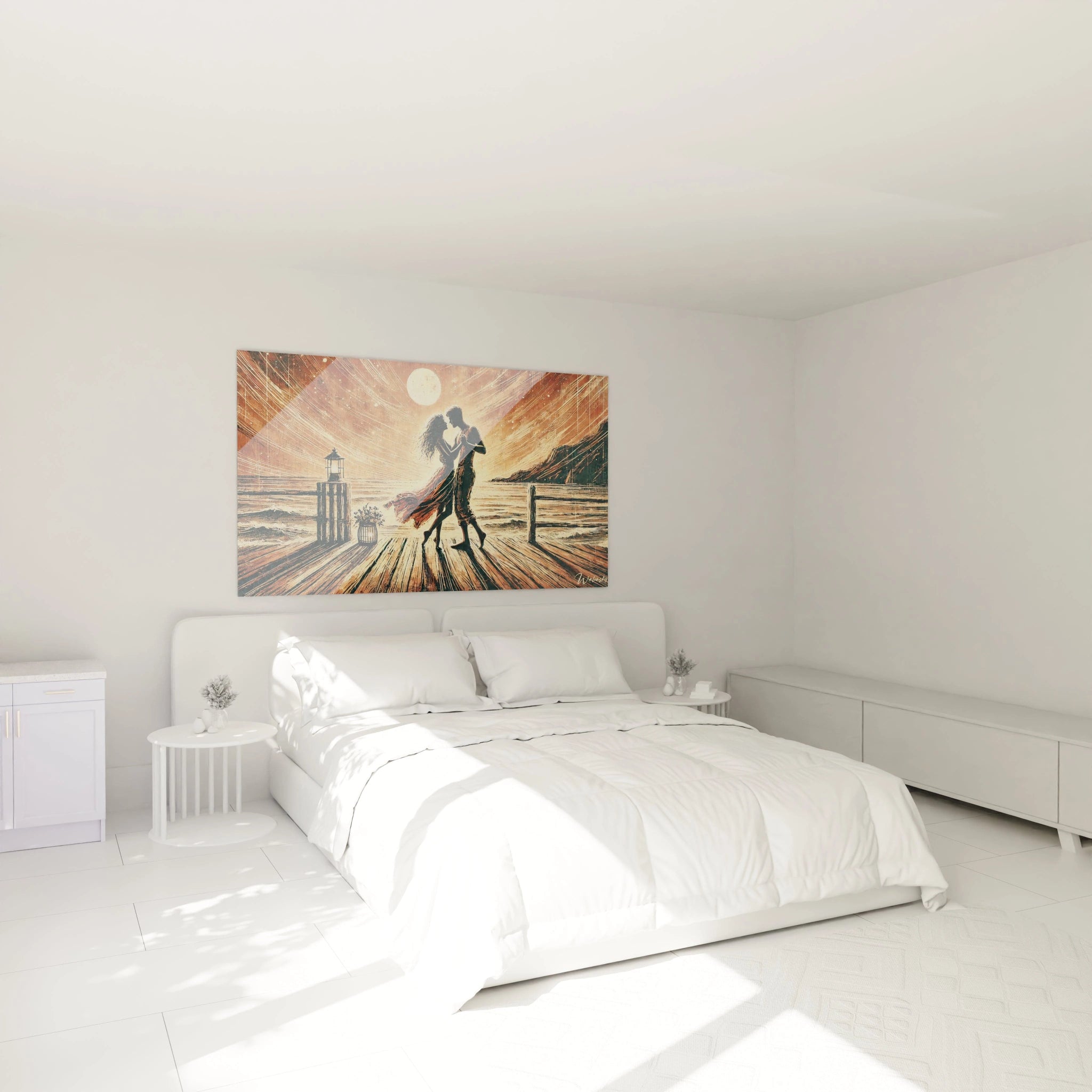 Dans une chambre : tableau romantique accroché au-dessus du lit. L'amour s'exprime dans cette scène douce et poétique, idéale pour créer une atmosphère apaisante et rêveuse.