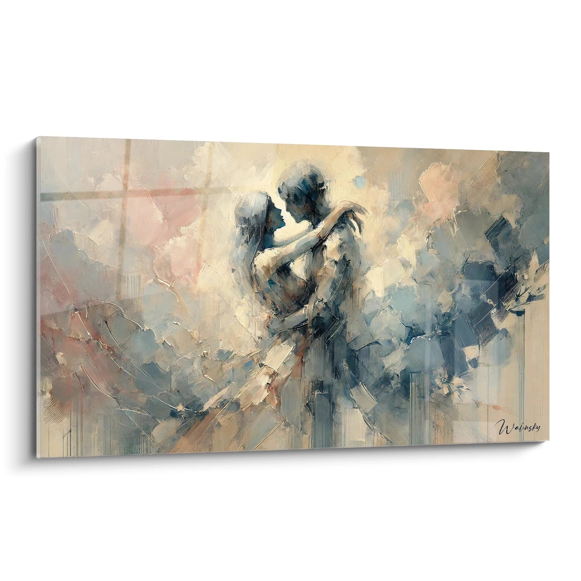 🖼️ Tableau abstrait en biais - Un couple enlacé dans des nuances de bleu et rose. Style romantique, mouvement suggéré. Idéal pour ajouter une touche poétique à votre espace.