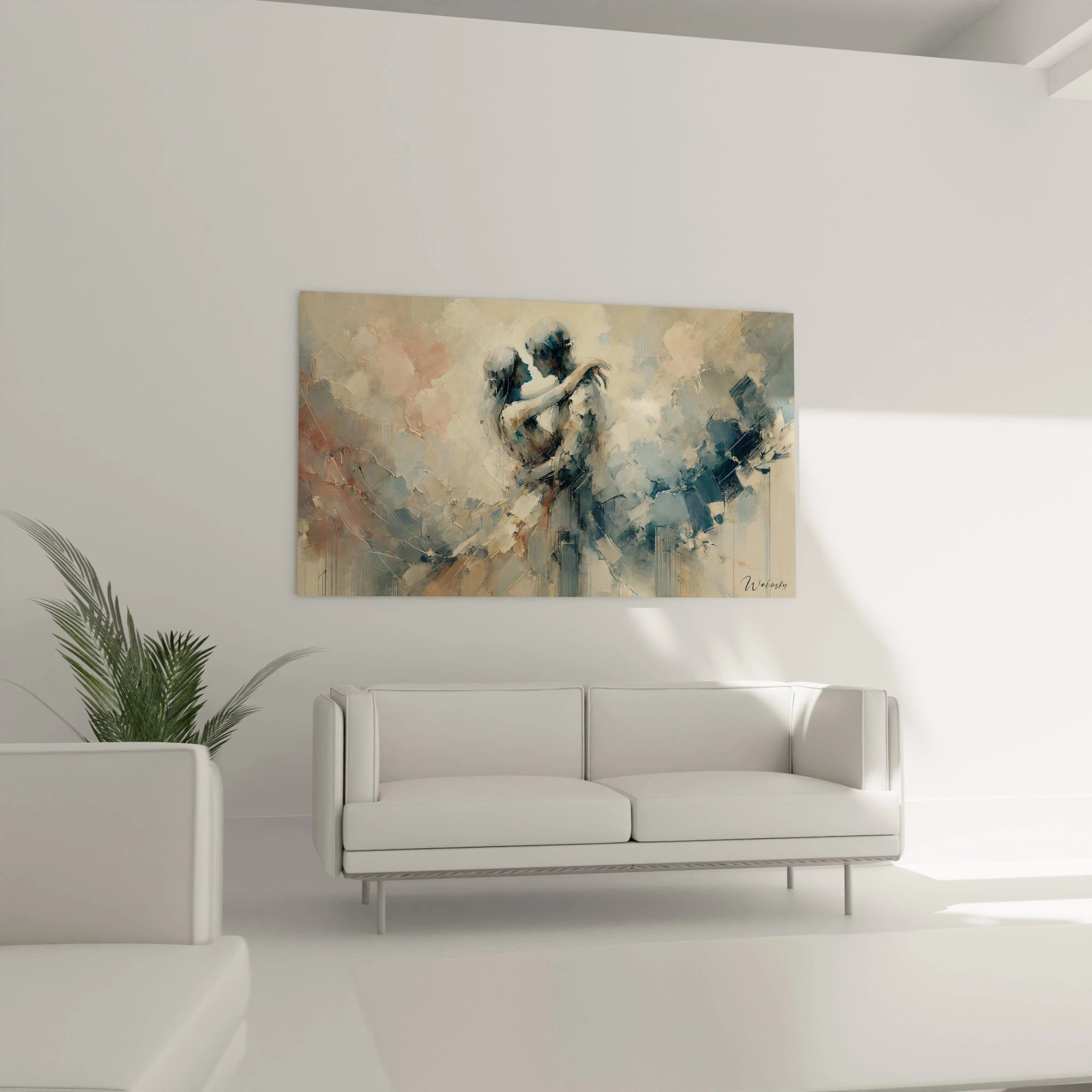 🛋️ Tableau romantique au-dessus du canapé - Sublimez votre salon avec ce couple en mouvement abstrait, aux teintes douces de bleu et beige. Laissez la poésie envahir votre intérieur.