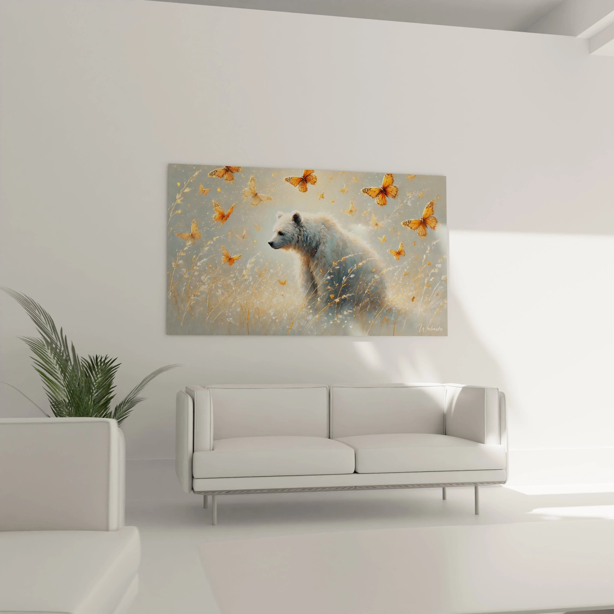 Ce tableau ours polaire, avec ses tons doux et ses papillons dorés, est parfait pour dynamiser la décoration de votre salon tout en apportant une touche naturelle.
