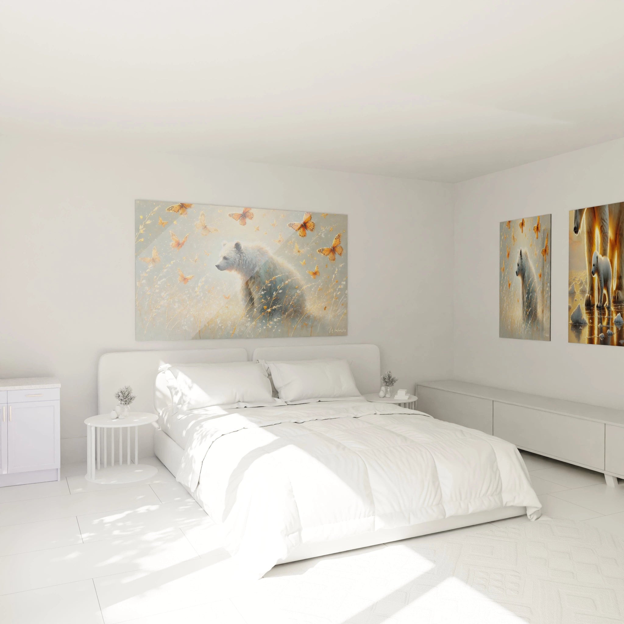 Accroché au-dessus du lit, ce tableau ours polaire apporte sérénité et élégance. Une pièce unique pour créer une ambiance apaisante dans votre chambre.