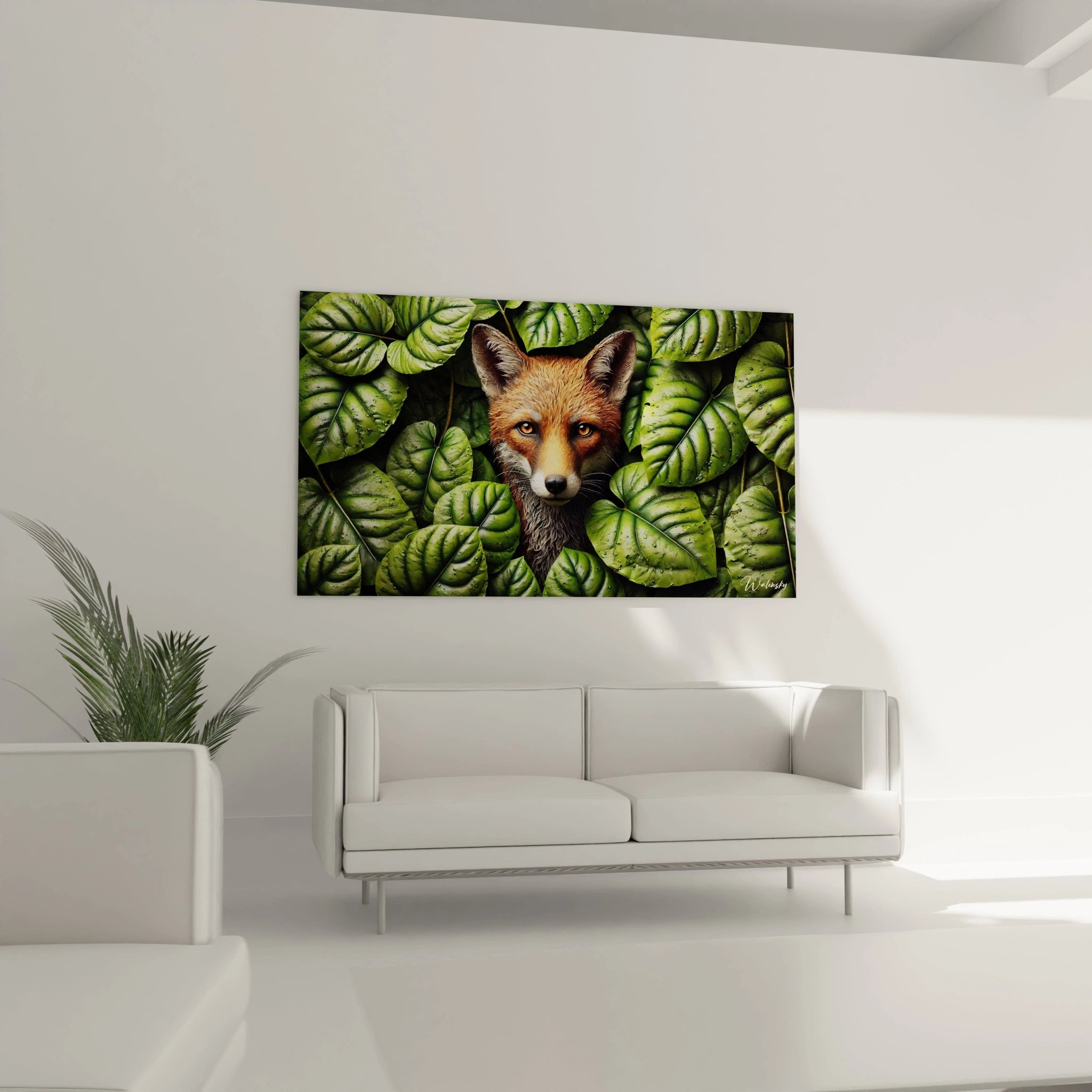 Le tableau renard trône au-dessus du canapé, embellissant le salon avec son réalisme et son intensité. La fourrure rousse de l’animal, en contraste avec le vert vif des feuilles, charme chaque visiteur.