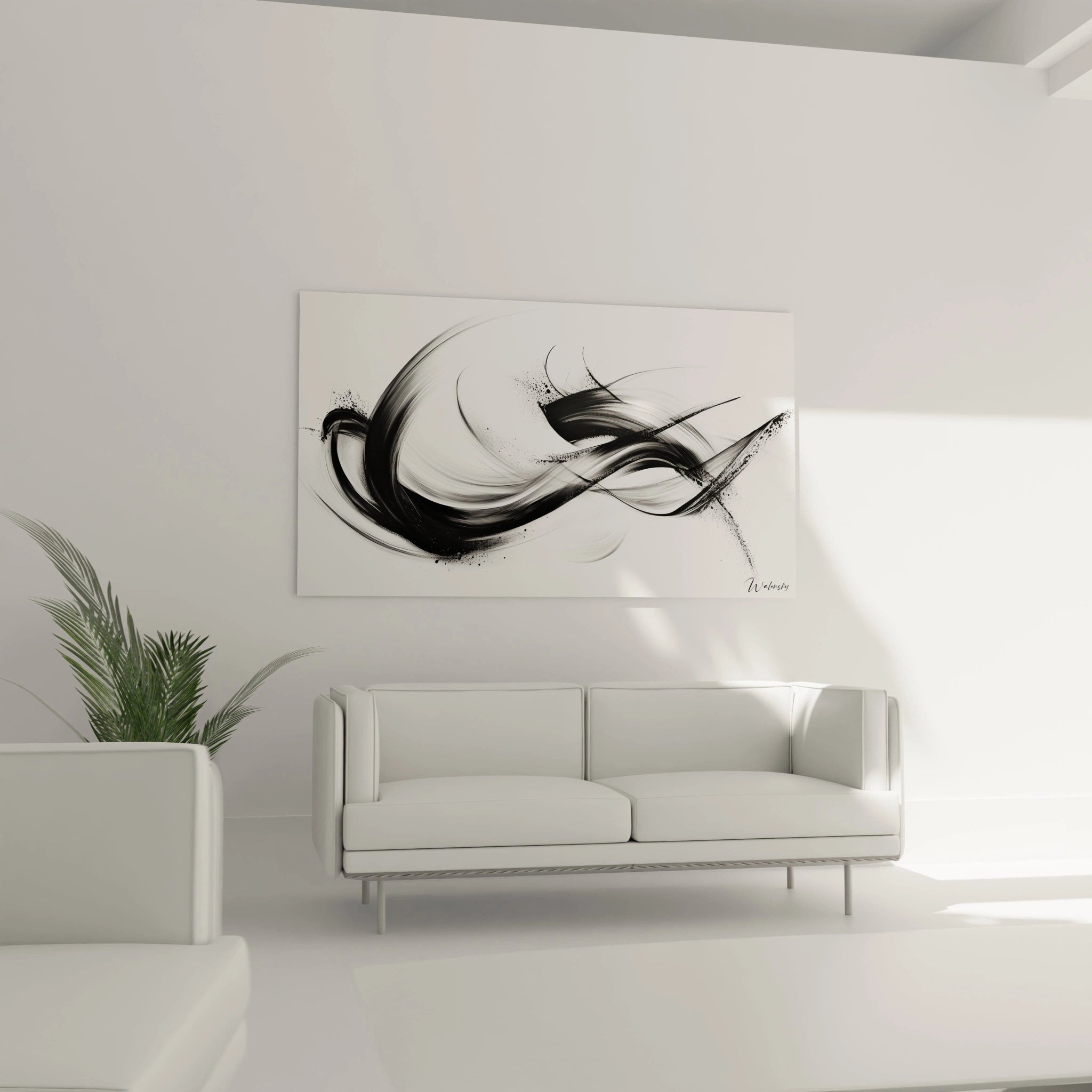 Un tableau rayures noir et blanc aux formes calligraphiques qui s'étirent horizontalement. Contraste saisissant entre zones d'encre dense et tracés plus légers, avec textures variées allant du noir intense aux gris vaporeux et des éclaboussures délicates aux extrémités.