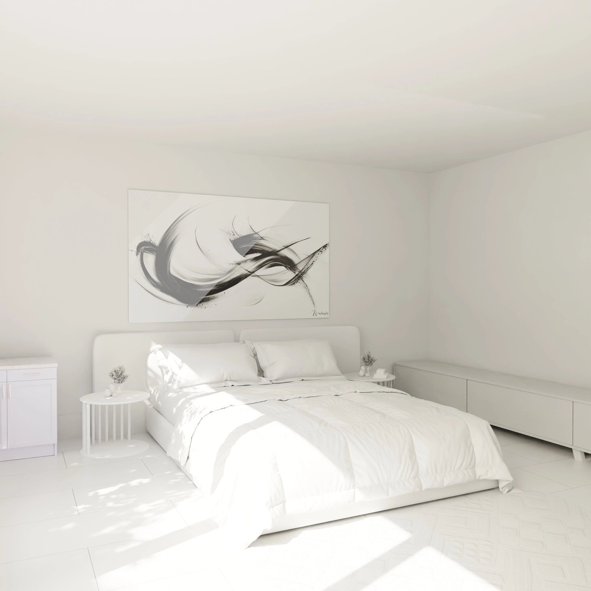 Un tableau abstrait minimaliste composé de lignes noires sinueuses sur fond blanc immaculé. Les coups de pinceau énergiques créent des rayures noir et blanc de différentes épaisseurs, avec des effets d'éclaboussures et des transitions subtiles entre les teintes.