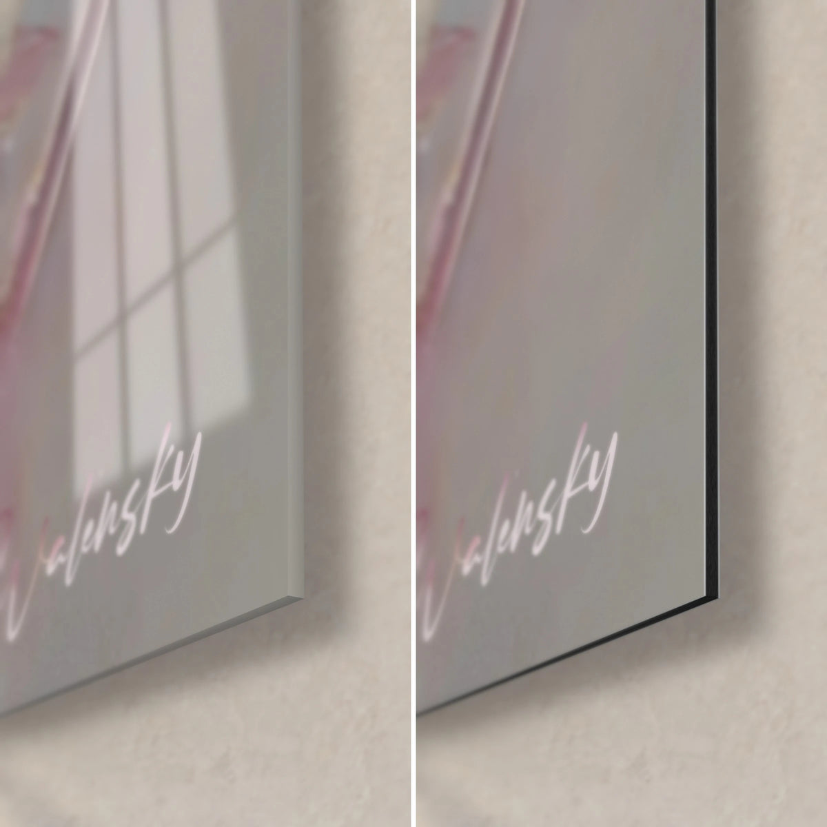 Wall art hummingbird with cream and pink wings, bottom right corner: glossy acrylic glass on the left, matte aluminium Dibond and 3 mm edge
