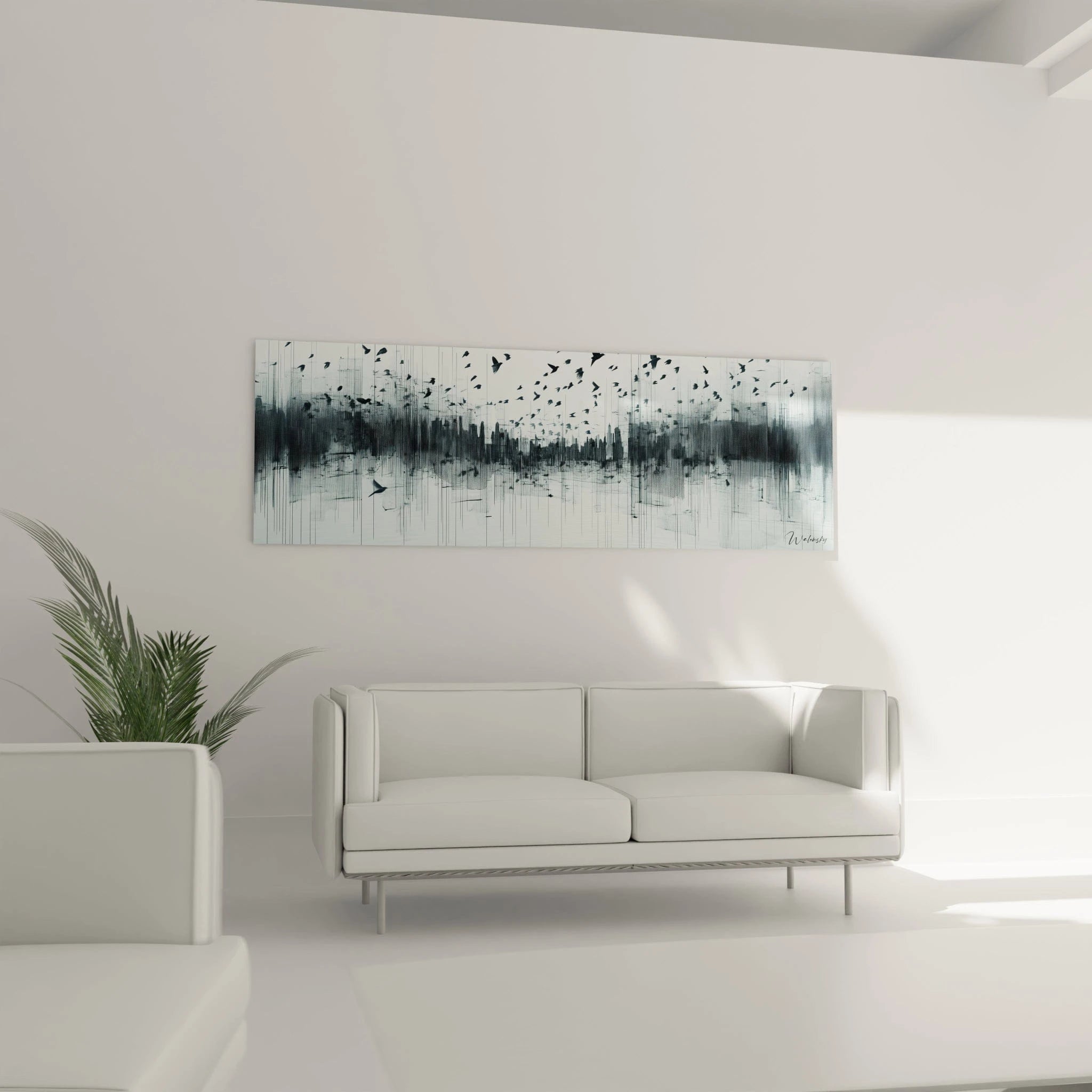 Tableau expressionniste abstrait de Walensky en noir et blanc dans un salon moderne
