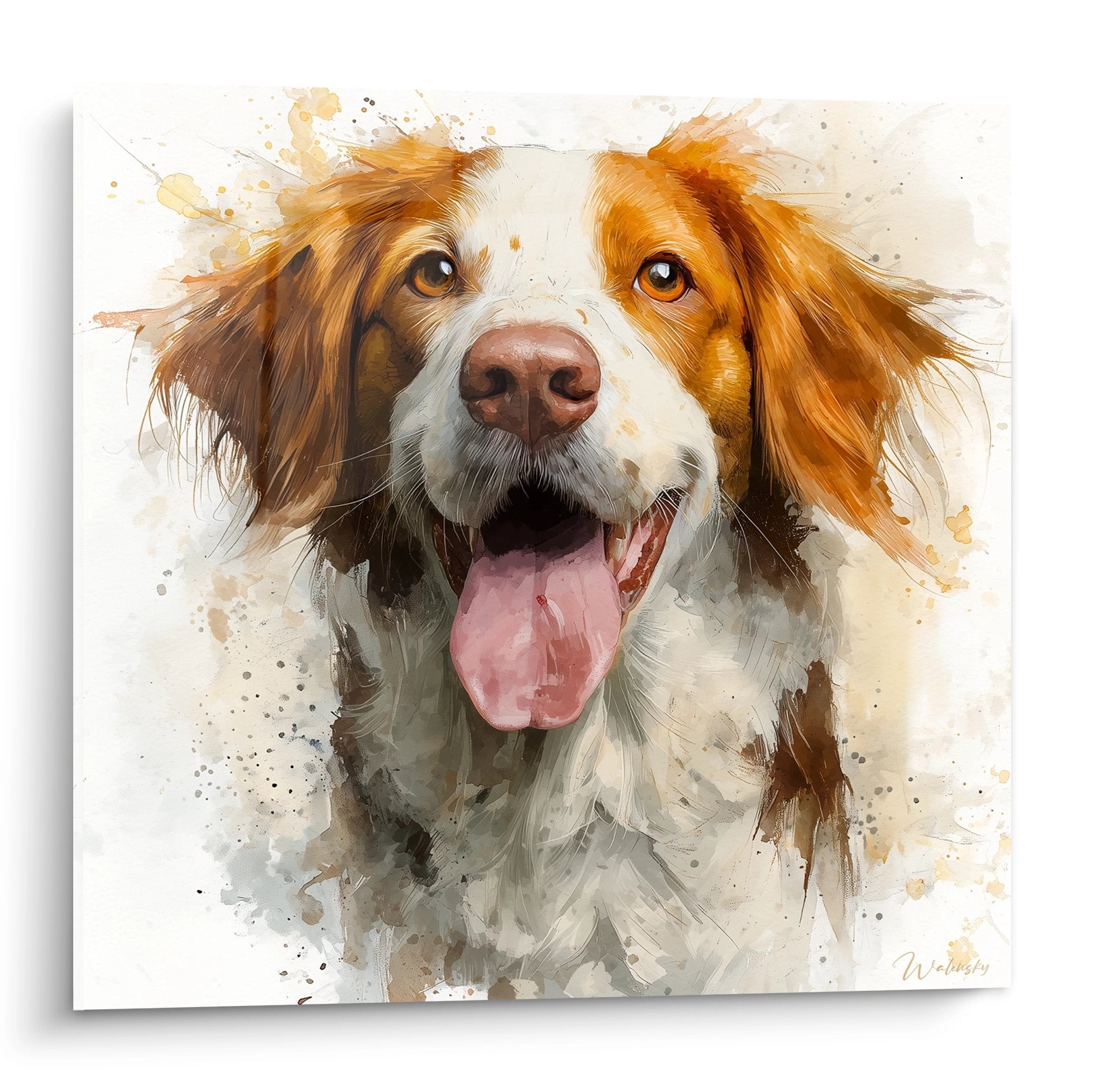 quadro acquerello spaniel bretone lingua pendente sguardo gioioso toni arancioni e bianchi stile artistico moderno