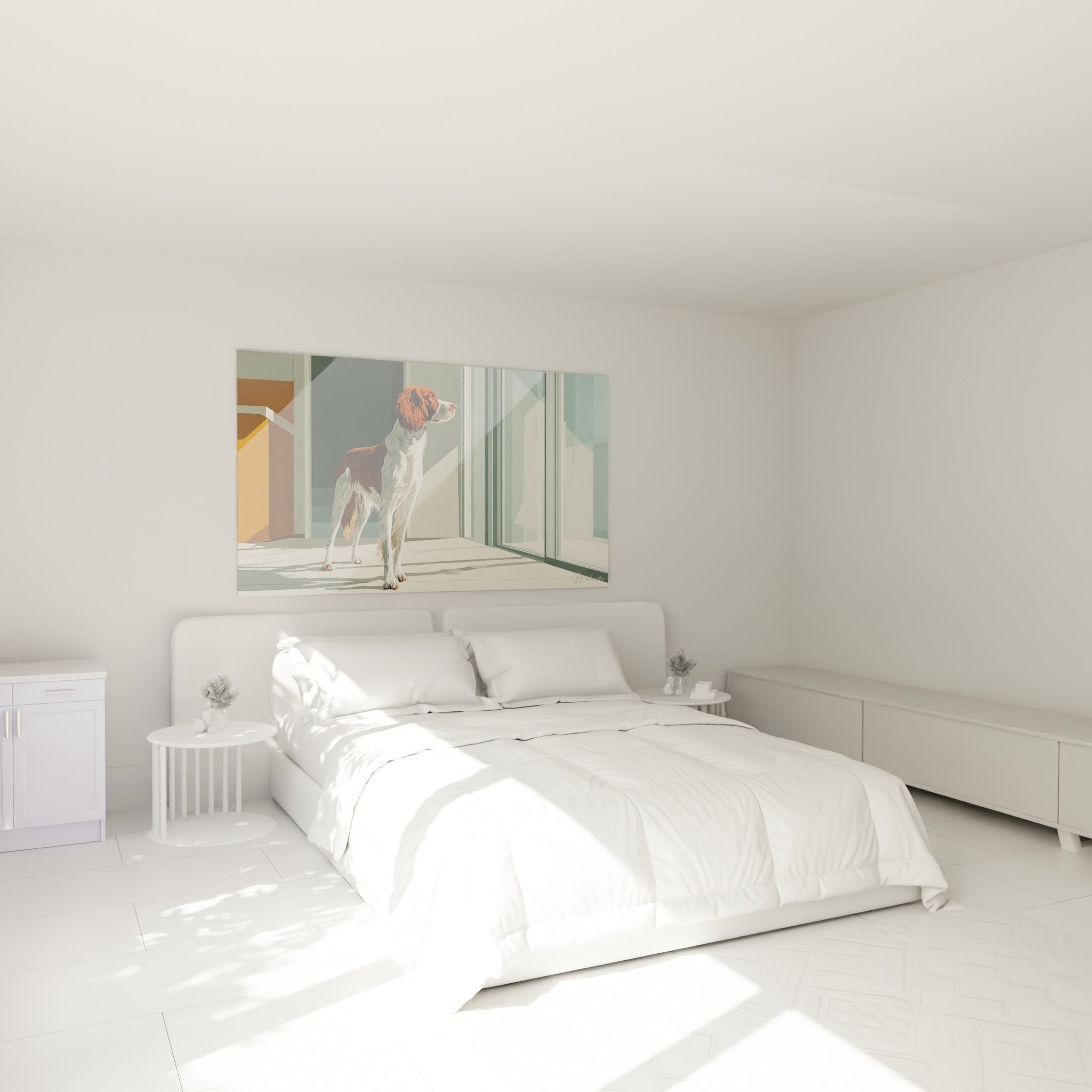 Tableau d'Épagneul Breton aux tons chauds décorant élégamment une chambre contemporaine épurée