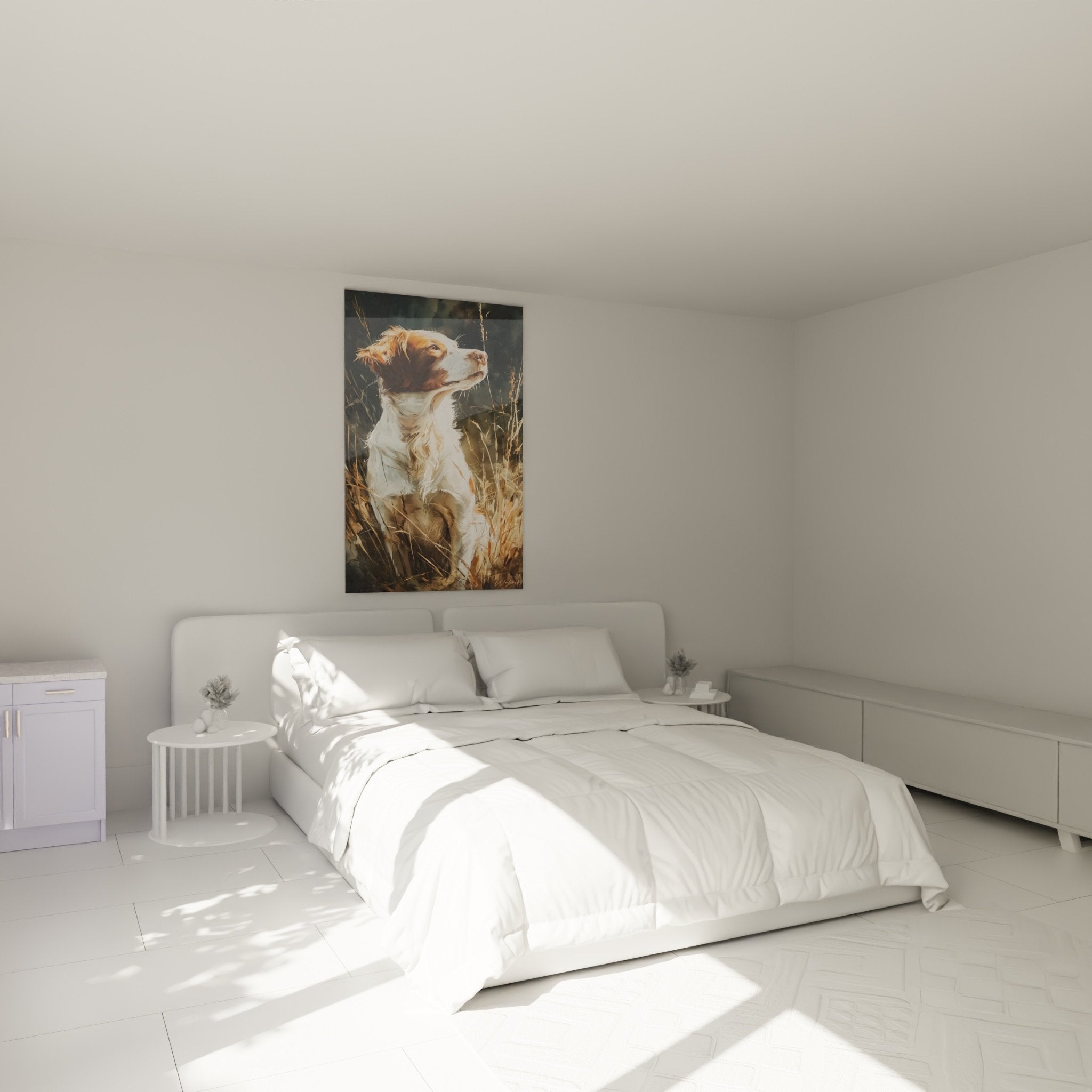 Quadro spaniel bretone contemplativo decorazione camera atmosfera calda naturale