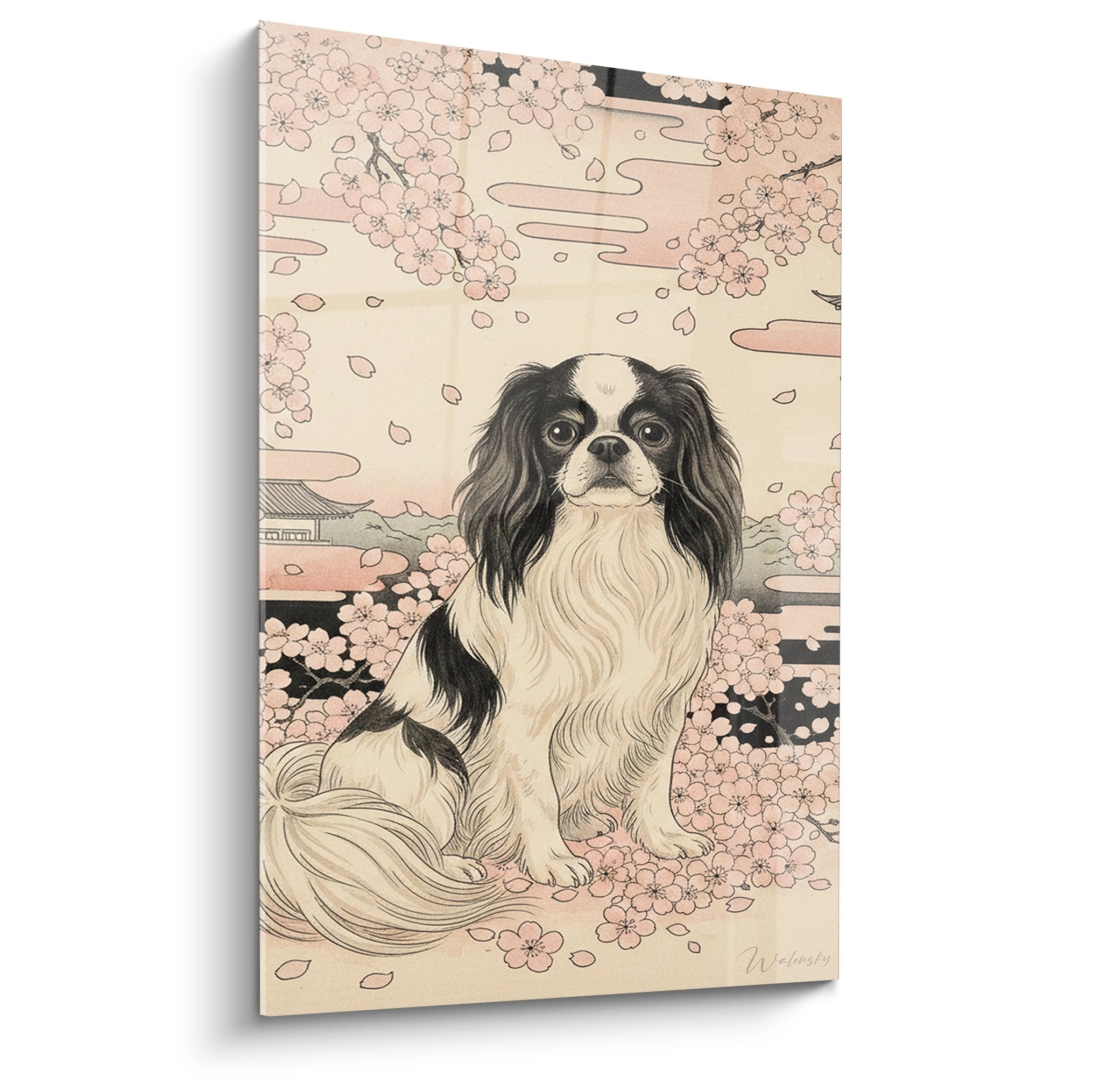 Decorative wall art Japanese spaniel cherry blossom flowers pink clouds Japanese zen style beige
