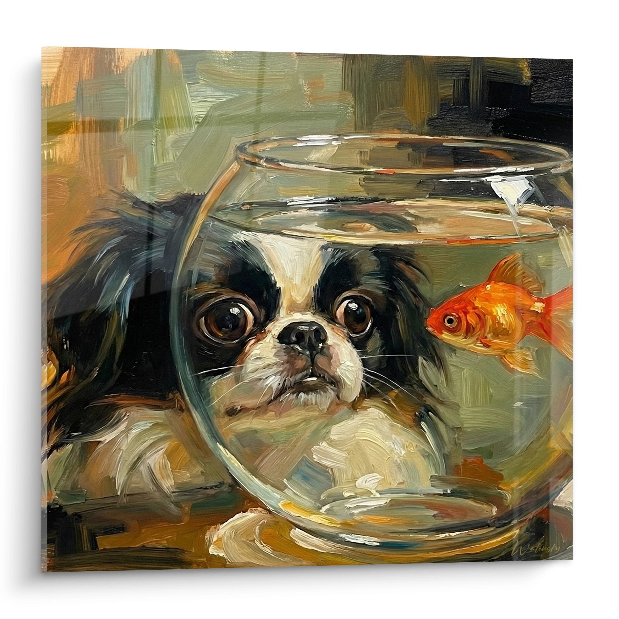 Tableau épagneul japonais regardant poisson rouge dans aquarium, peinture tons verts et dorés