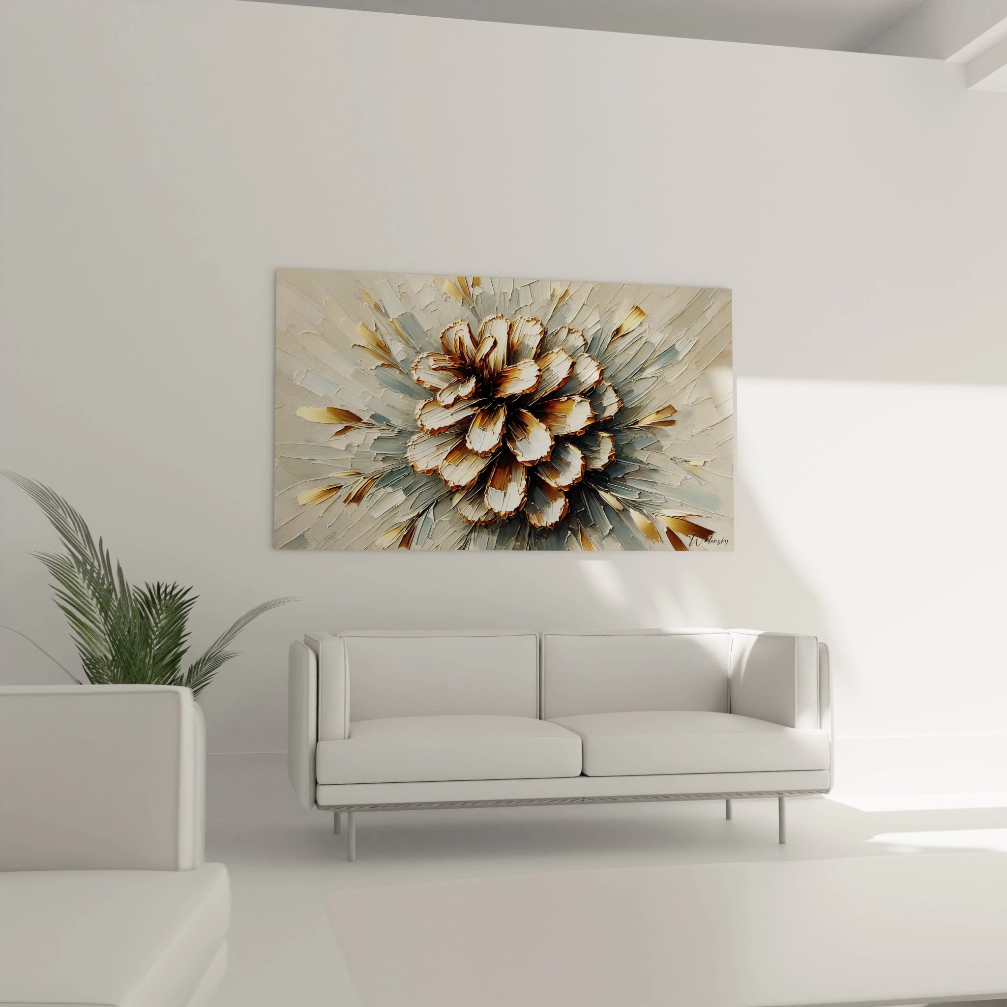 Tableau Automne au-dessus du canapé : ses couleurs naturelles de beige, gris et or ajoutent sophistication et sérénité au salon. Un élément captivant qui évoque la douceur de l’automne.