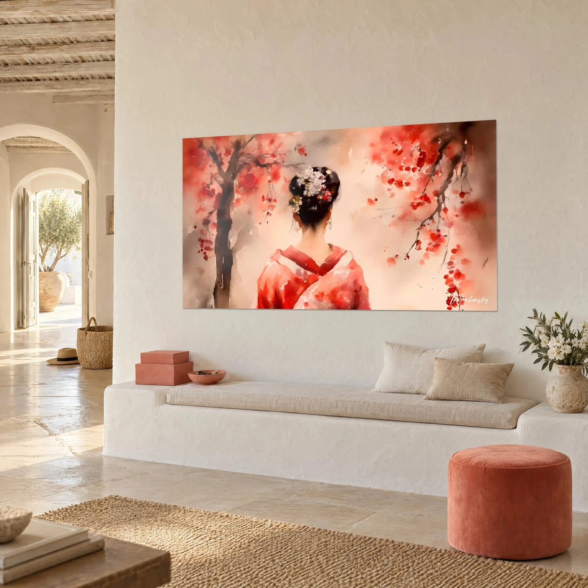 Wall art young Japanese woman with a white flowered bun, brown branches and red petals, pink background, on a white wall of a Mediterranean house