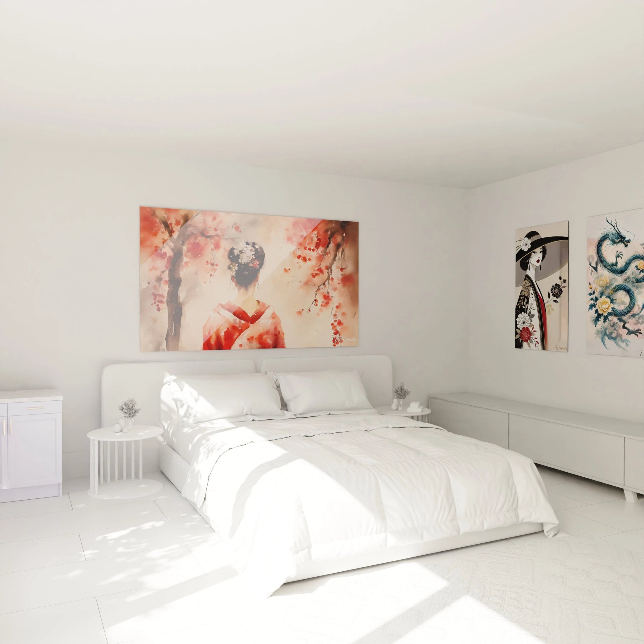 Tableau asie au mur d’une chambre au-dessus d’un lit, créant une ambiance zen avec tons rouge et beige.