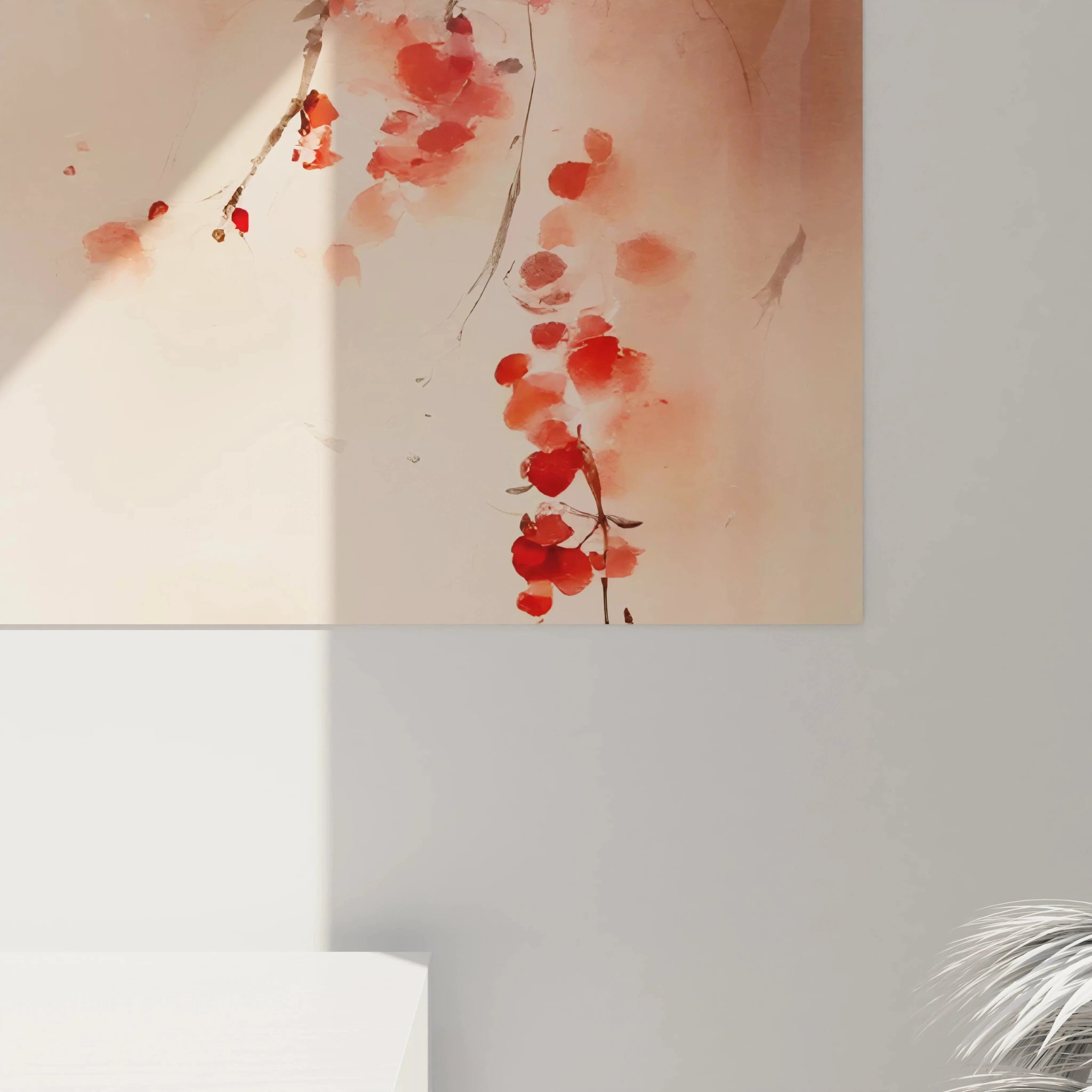 Vue rapprochée du tableau asie, détails du kimono rouge et fleurs de cerisier sur palette beige et marron.