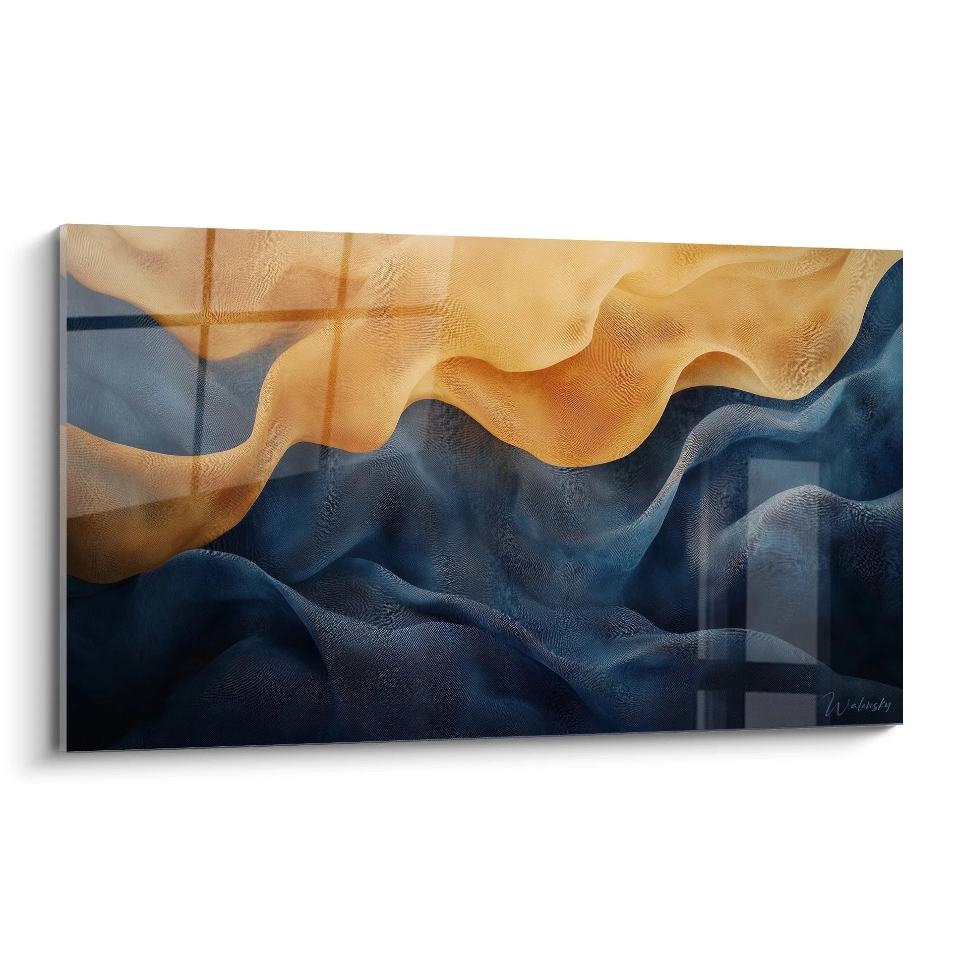 Tableau moderne abstrait de Walensky avec des vagues de couleurs bleu et doré pour le décor contemporain