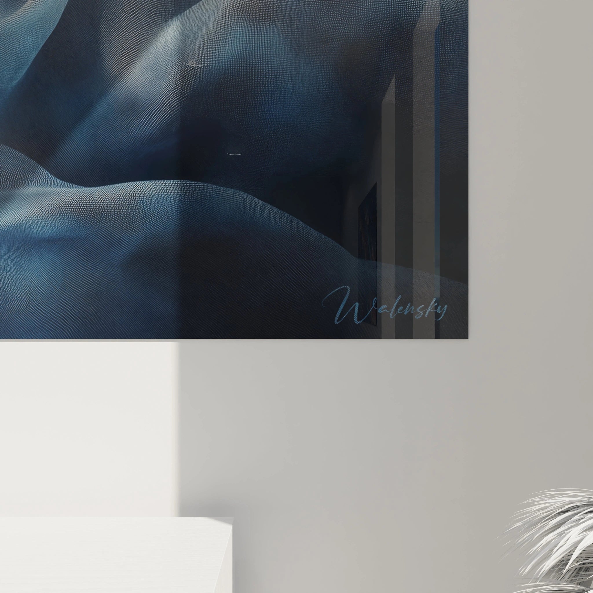 Tableau moderne abstrait de Walensky aux nuances de bleu et de gris avec des formes fluides.