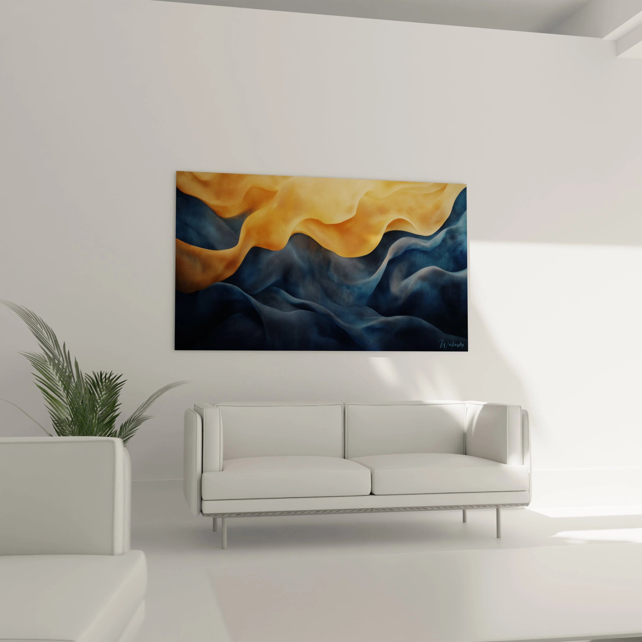 Tableau moderne abstrait de Walensky avec des vagues de couleurs bleu et jaune pour une décoration élégante