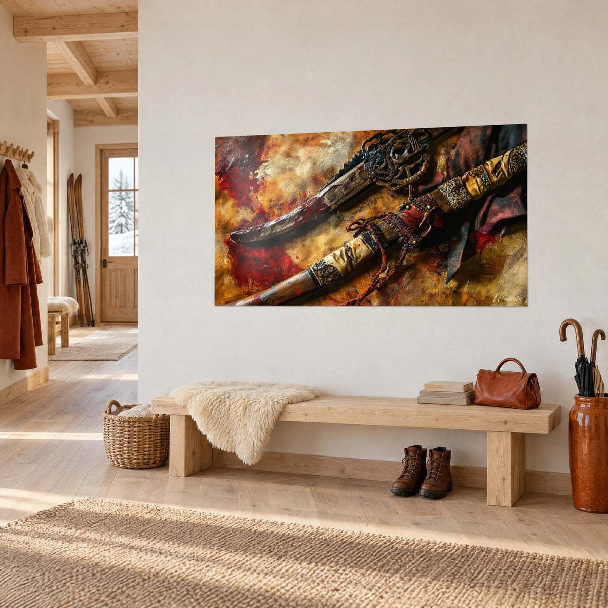 Gemälde Blutverschmierte Klinge und Griff mit Lederriemen, leuchtendes Rot und Ockergold, an einer weißen Eingangswand im Chalet