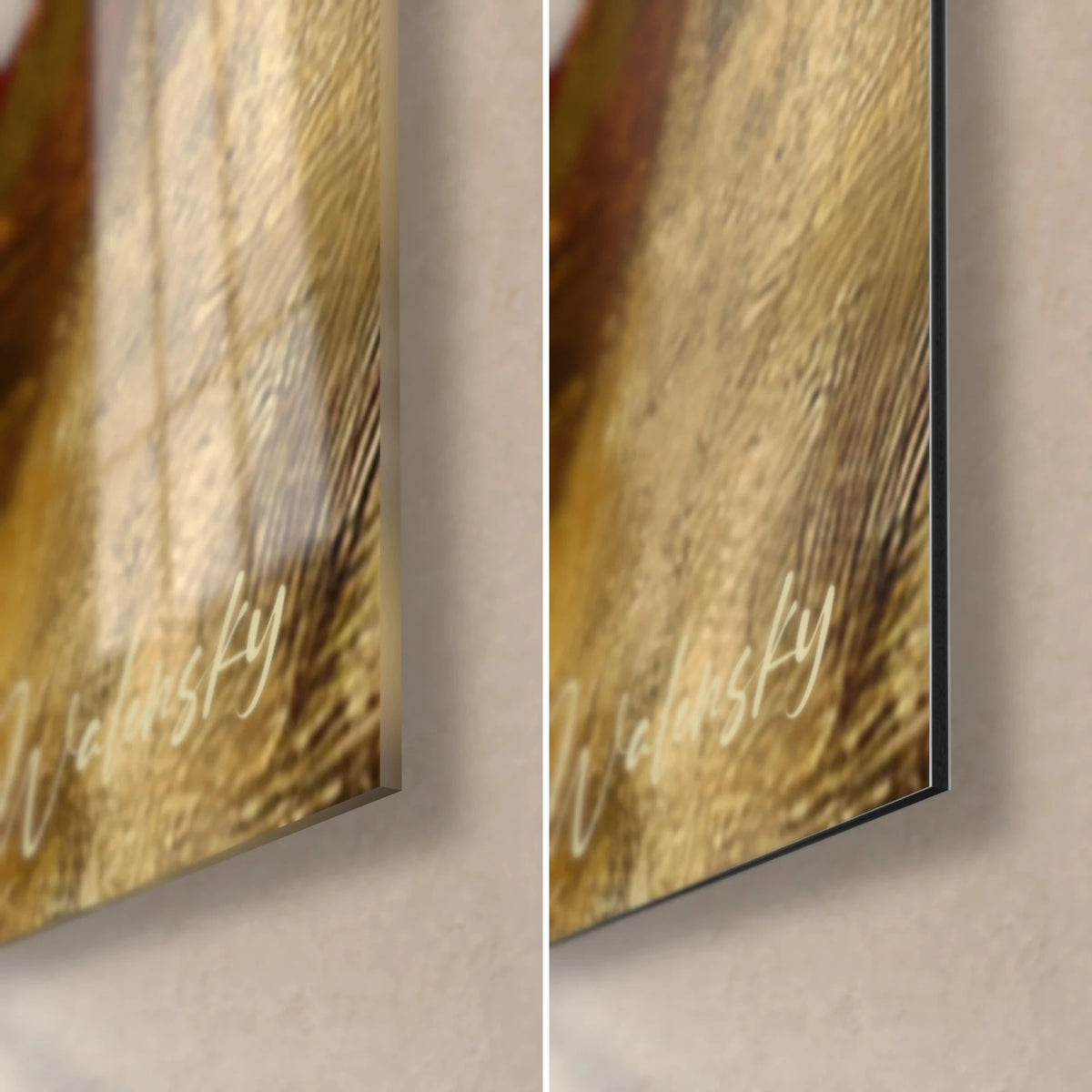 Gemälde Afrikanischer Säbel in Blutrot und Gold, untere rechte Ecke: glänzendes Acrylglas links, mattes Dibond rechts, 3 mm Kante