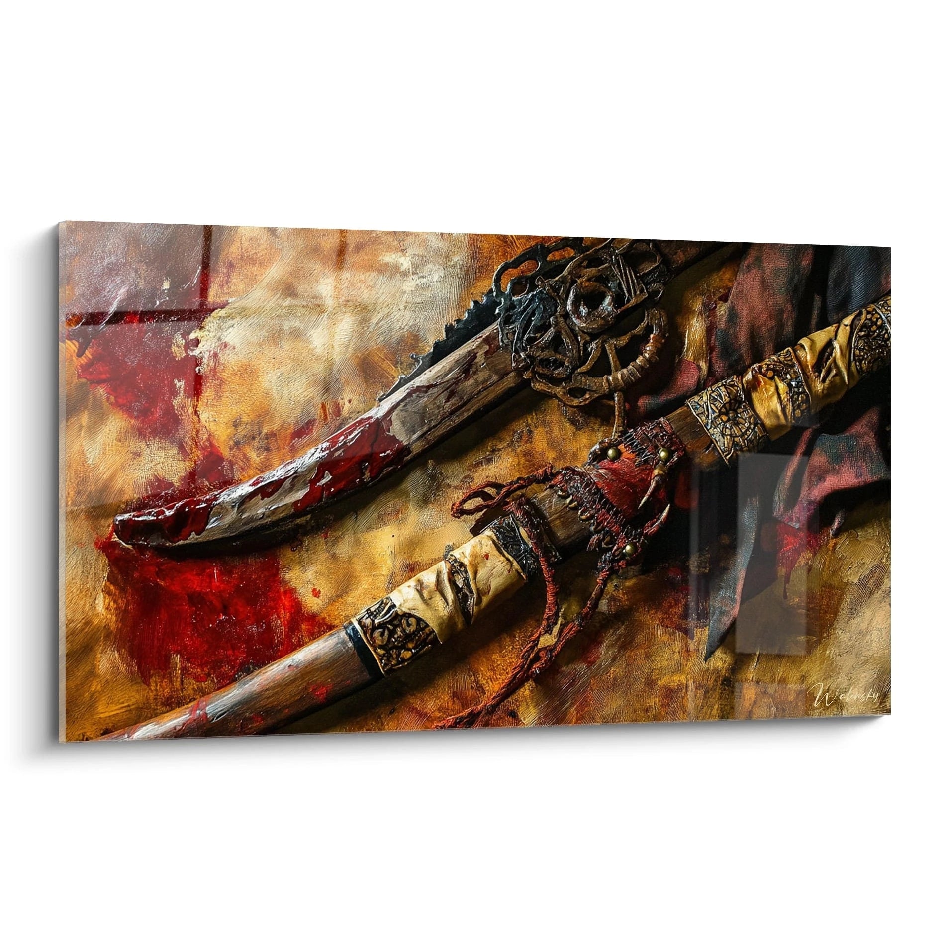 Tableau africain mural Walensky représentant deux sabres artisanaux avec détails colorés sur fond texturé