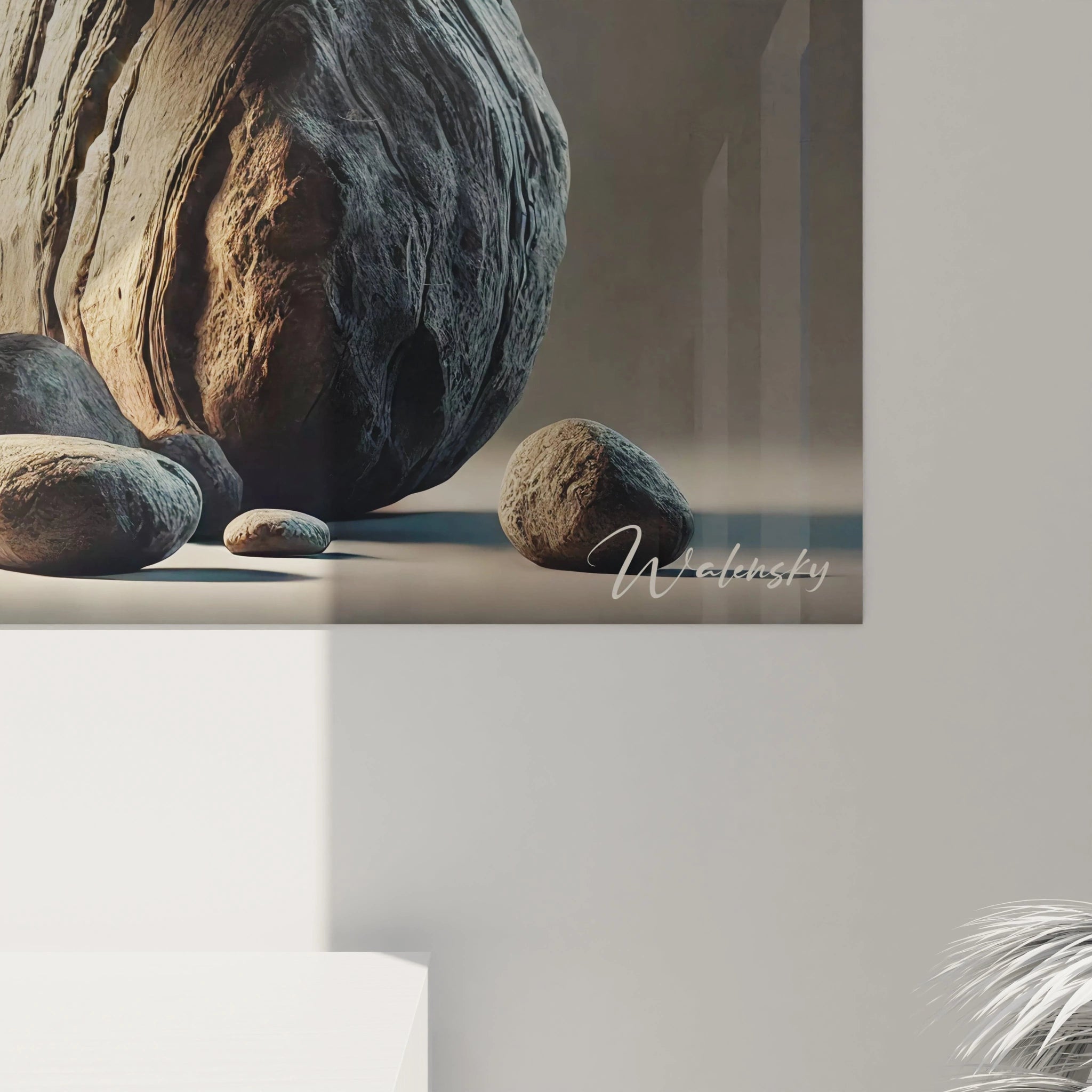 Une vue rapprochee de ce tableau feng shui revele les details subtils des pierres en equilibre. Chaque nuance et texture evoque la serenite et la connexion a la nature, parfait pour une deco zen.