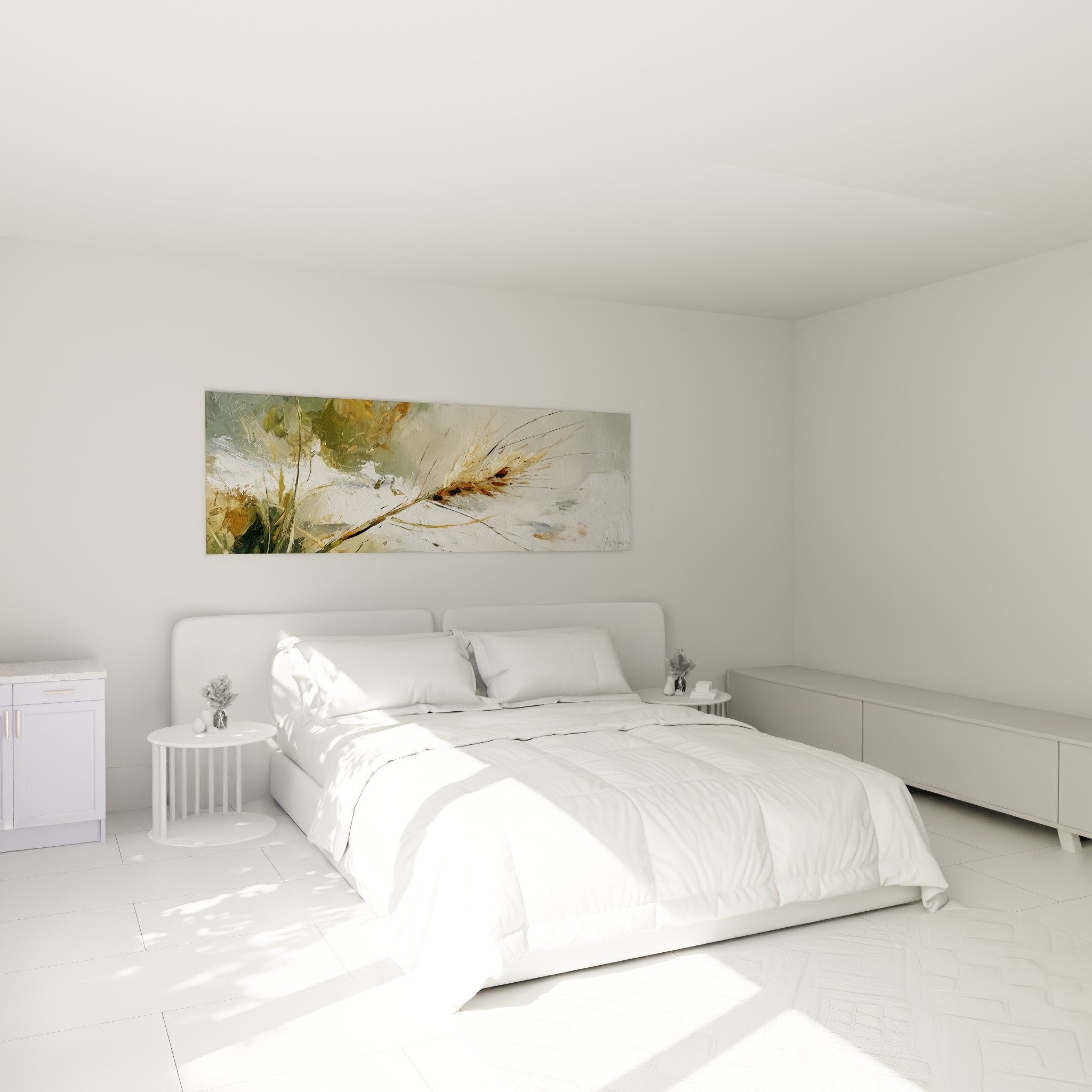 Tableau épi de blé doré installé au-dessus d'un lit dans une chambre aux tons naturels