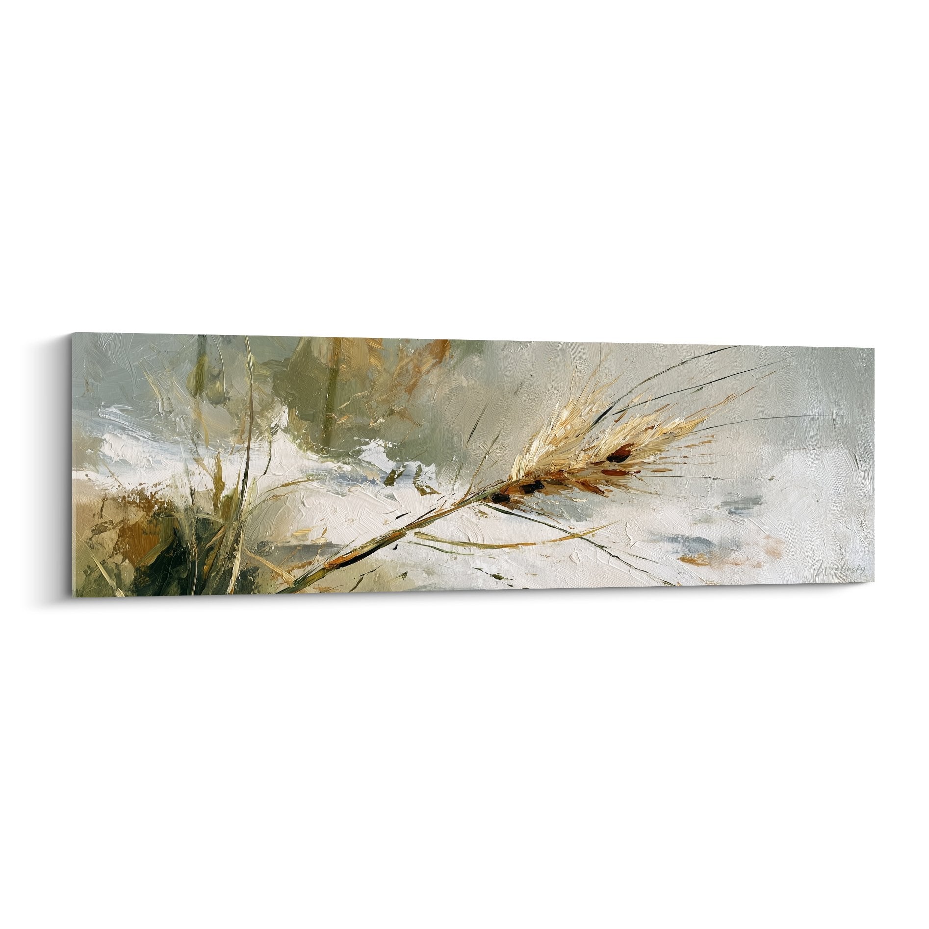 Tableau d'art moderne représentant un épi de blé doré sur fond blanc texturé, style champêtre