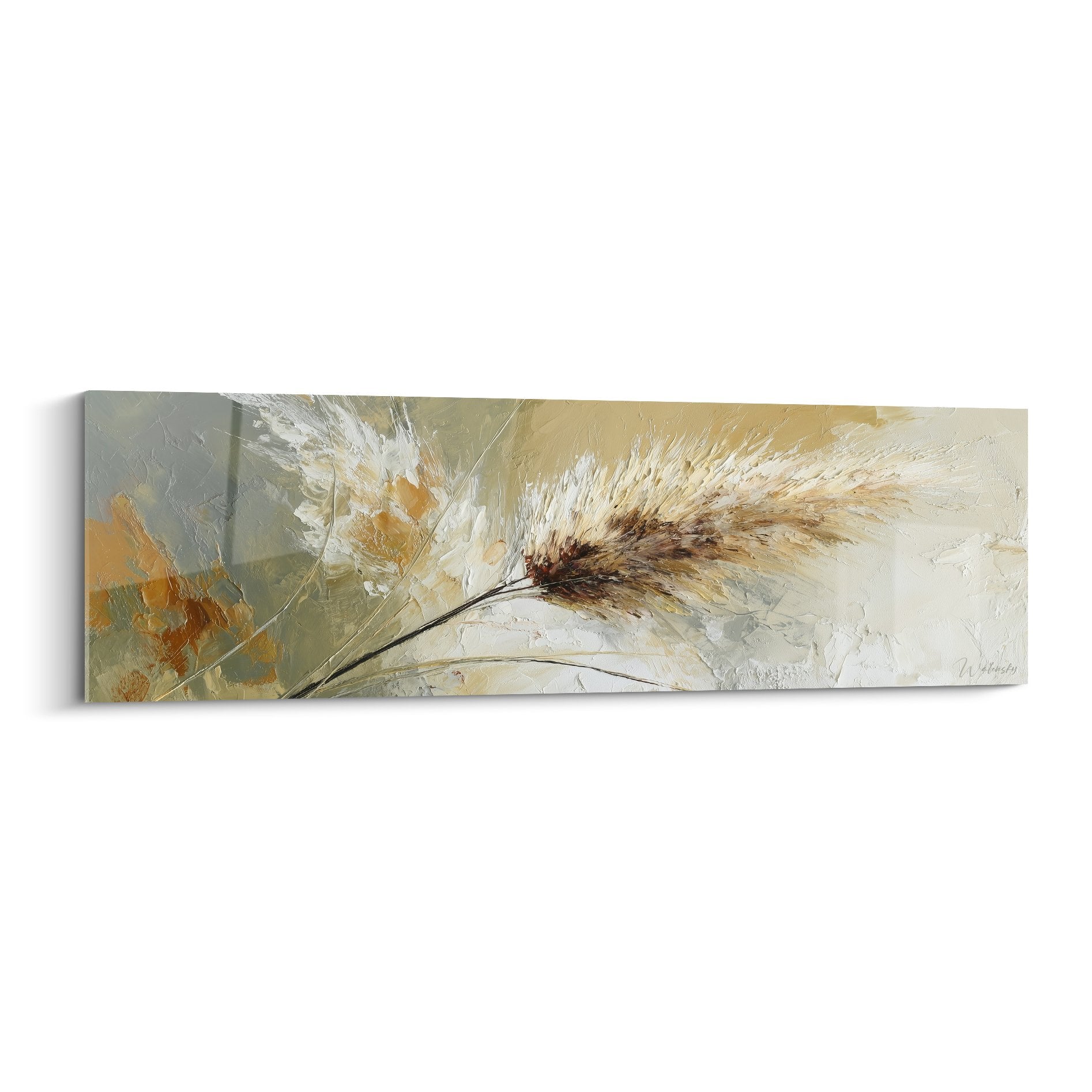 Tableau épi de blé doré avec texture empâtement sur fond beige et gris, style contemporain graminées