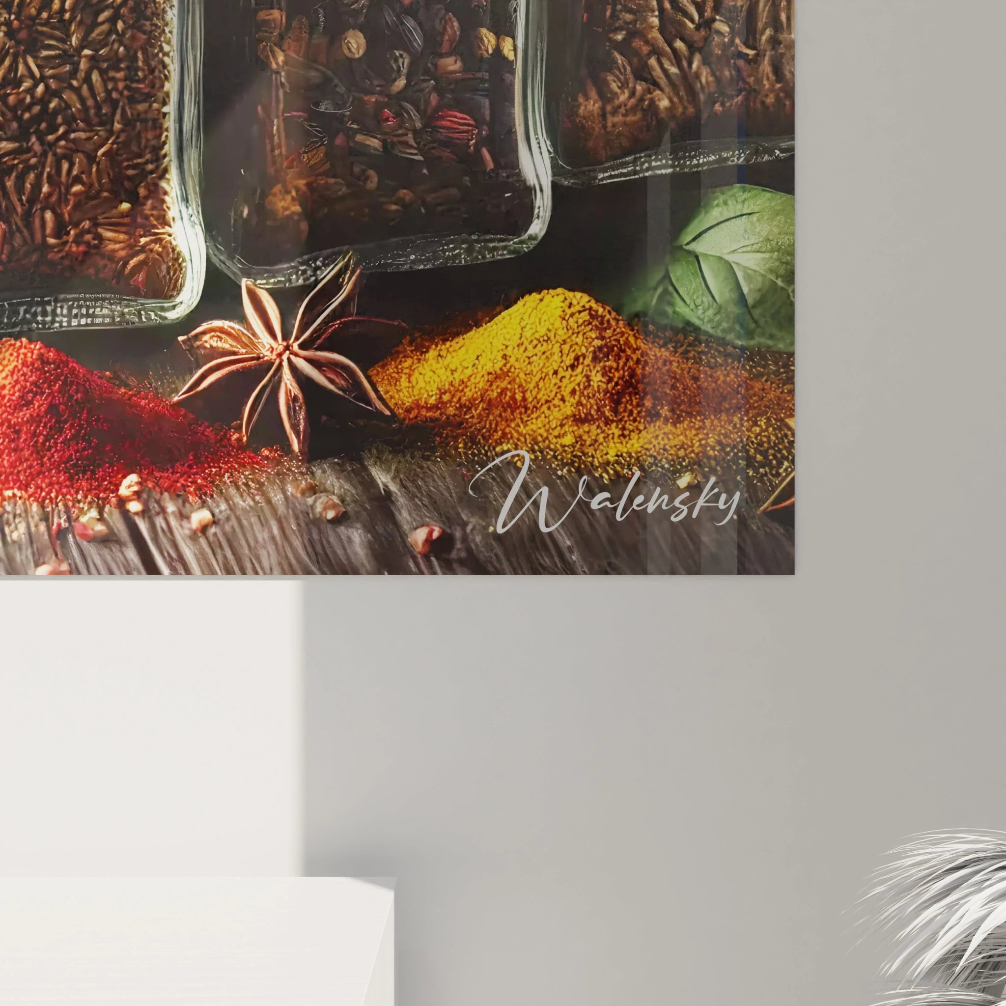 Vue rapprochée d'un angle en bas à droite d'un tableau cuisine en verre acrylique - Détails de qualité supérieure - Art mural géant avec finition impeccable - Décoration murale pour cuisine moderne - Matériaux de haute qualité et design sophistiqué