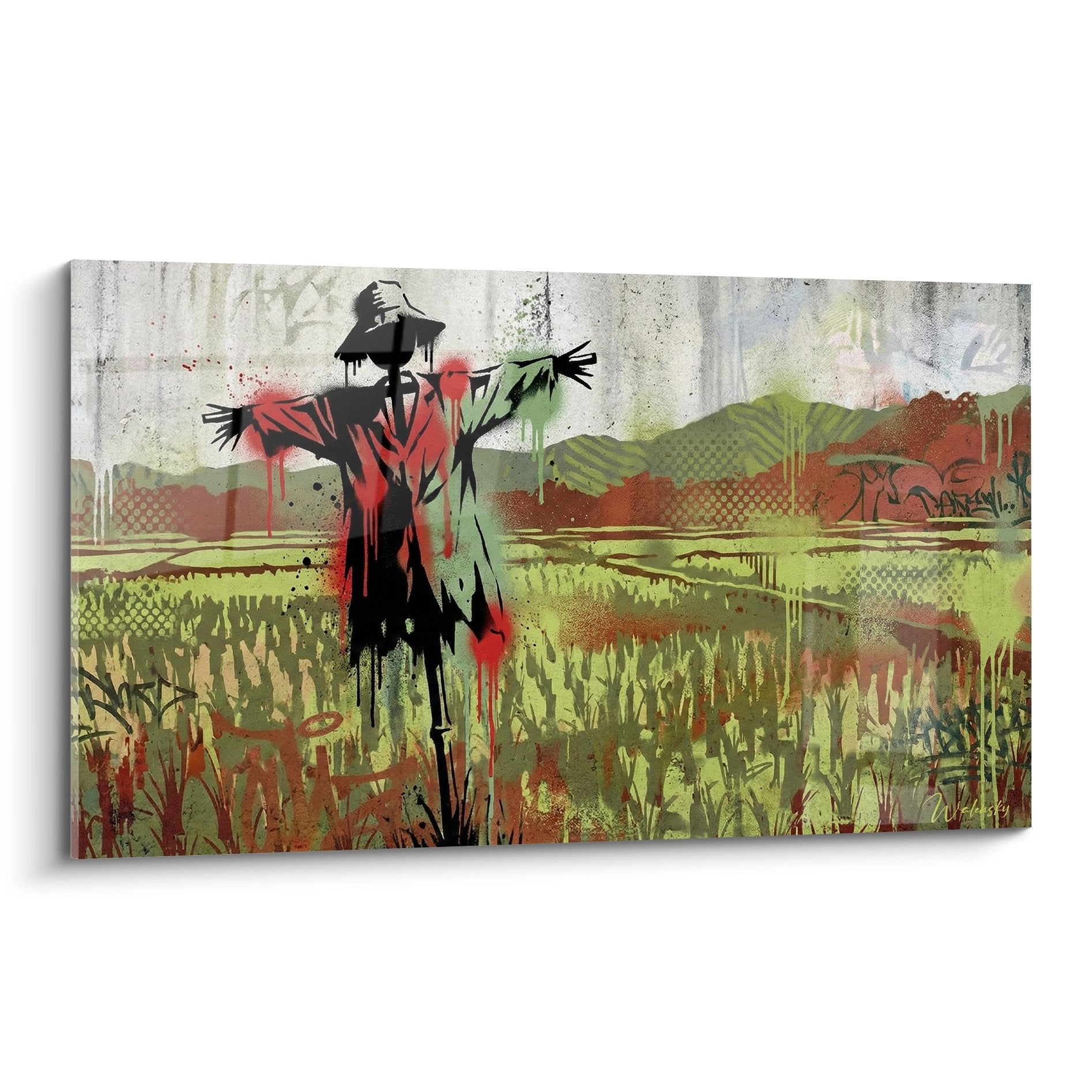 Tableau épouvantail noir dans champ vert avec éclaboussures rouges style street art contemporain
