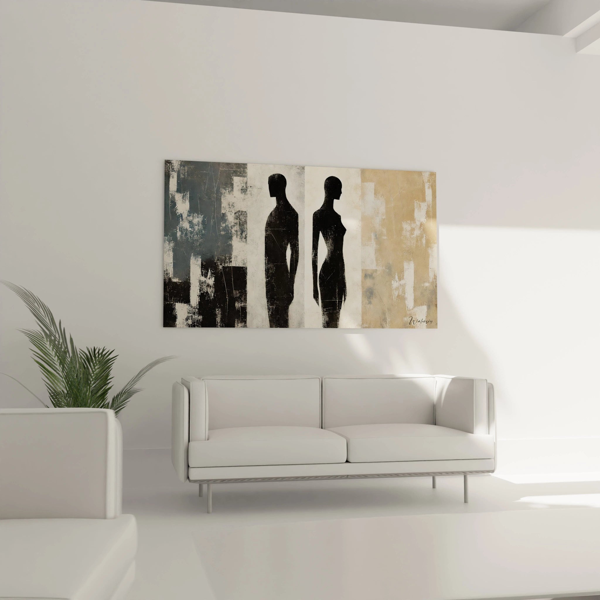 Tableau minimaliste de silhouettes humaines, accroché au-dessus du canapé. Les tons neutres et formes géométriques ajoutent une élégance moderne à l'espace de vie.