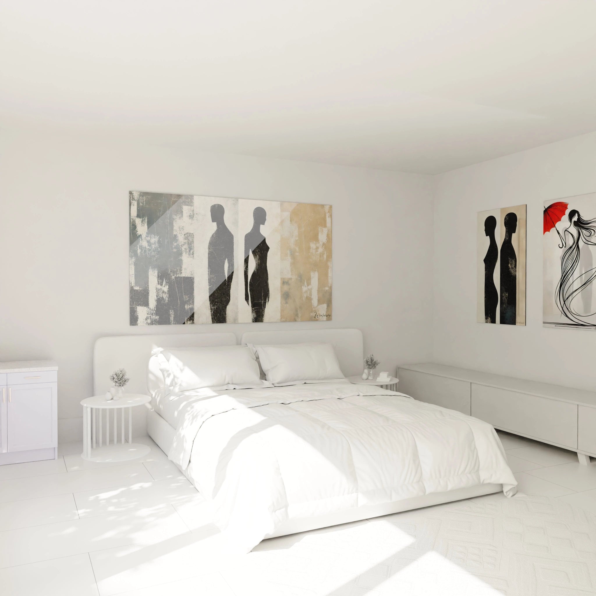 Tableau abstrait de silhouettes humaines en noir, suspendu au-dessus du lit. Créant une atmosphère élégante et épurée, il ajoute une touche artistique à la chambre à coucher.