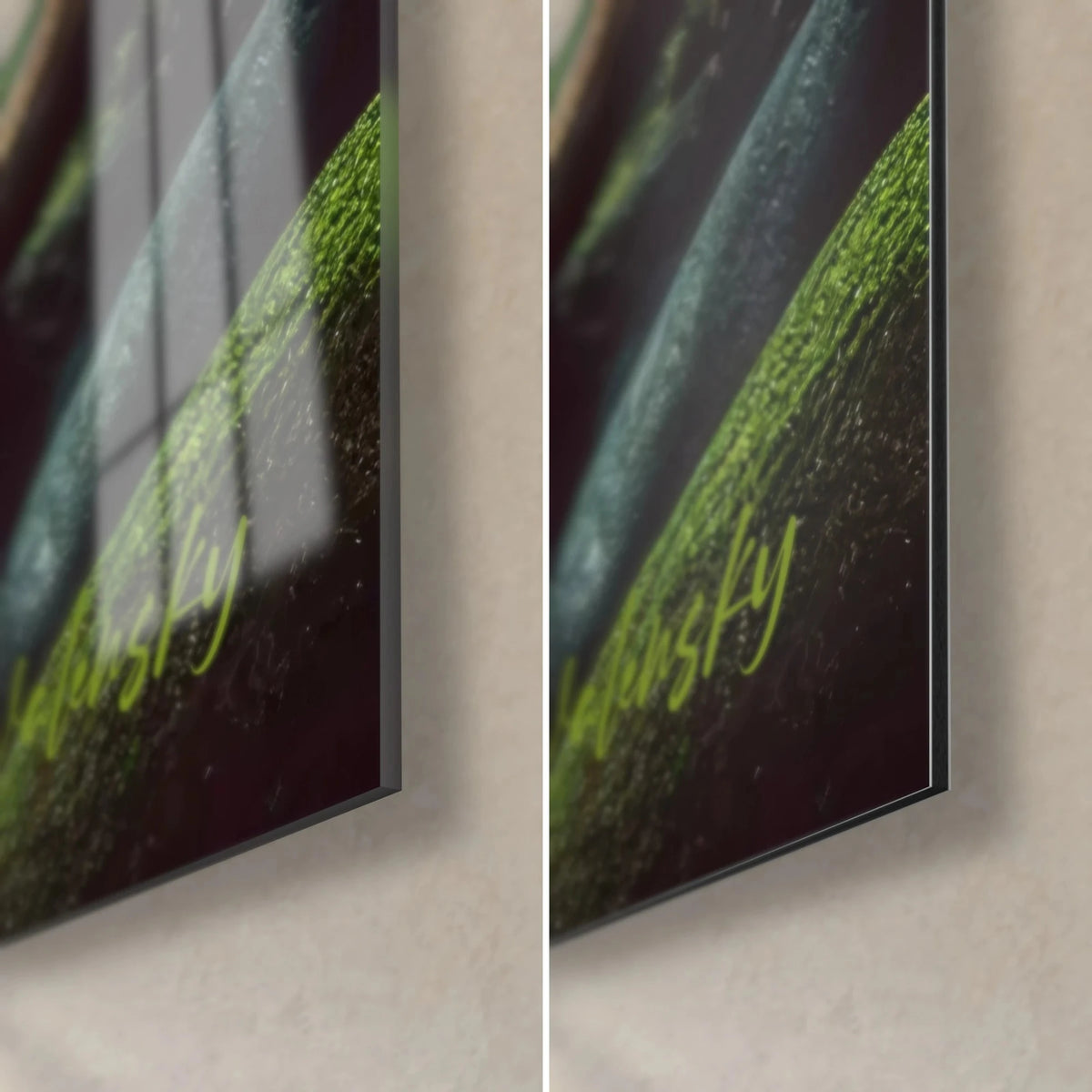 Schilderij zen-kiezelstenentoren, rechtsonder: glanzend acrylglas links, mat zwart Dibond rechts, zichtbare rand van 3 mm