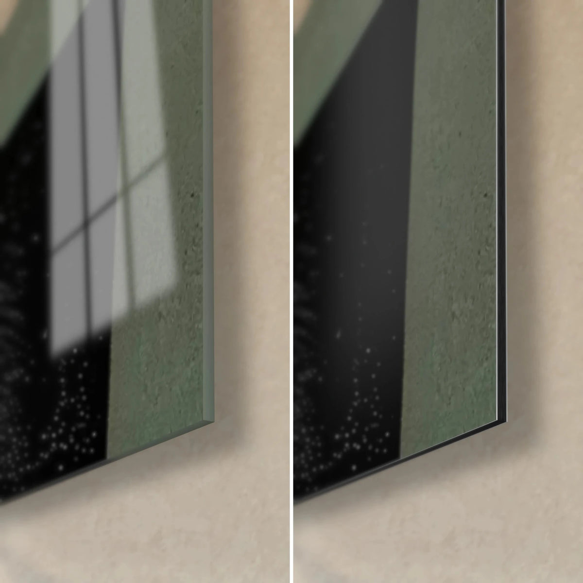 Geometric wall art in fir green and black, bottom right corner: glossy glass on the left, matte Dibond on the right, thin edge