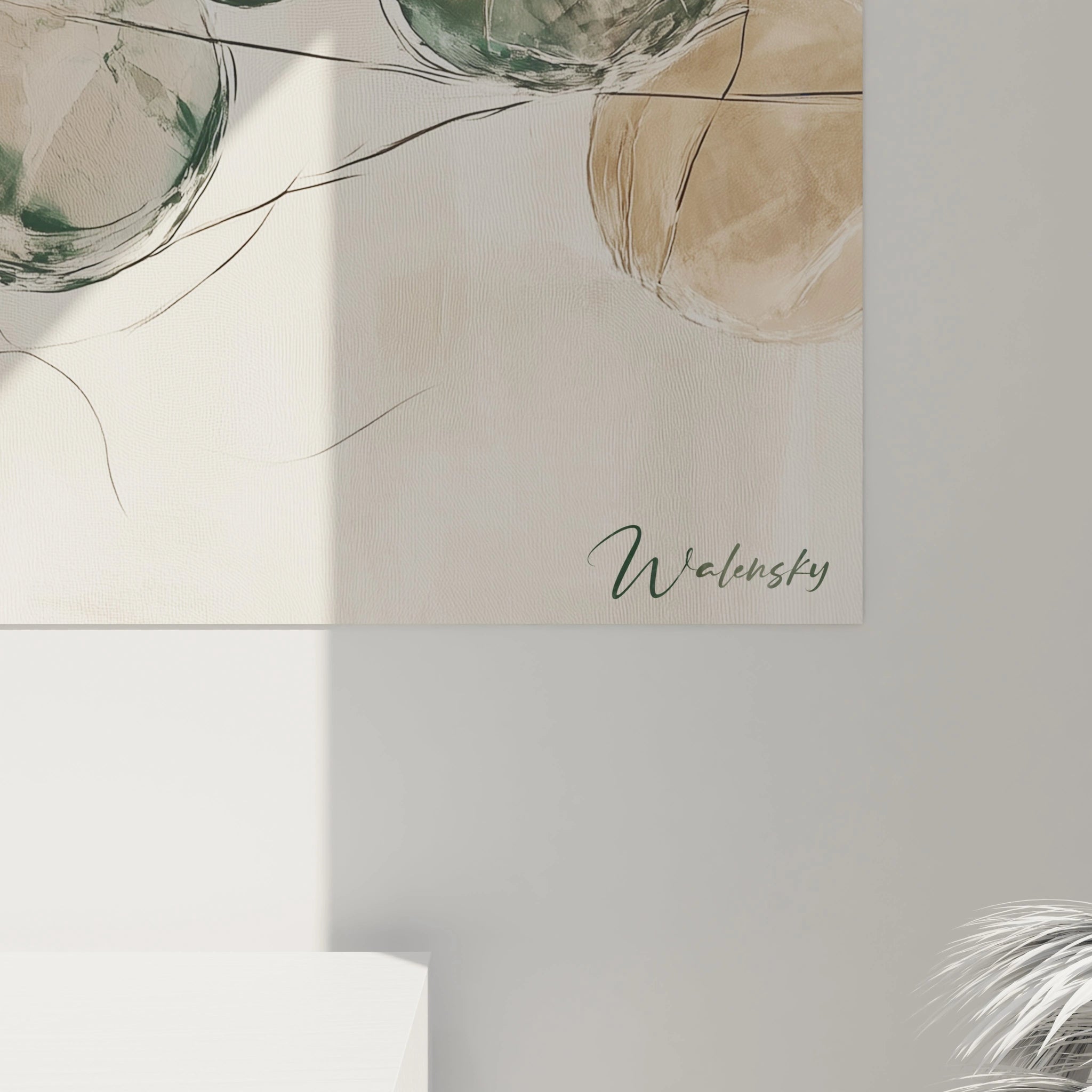 Détail des lignes entrelacées dans un tableau artistique abstrait, évoquant des connexions naturelles et fluides.