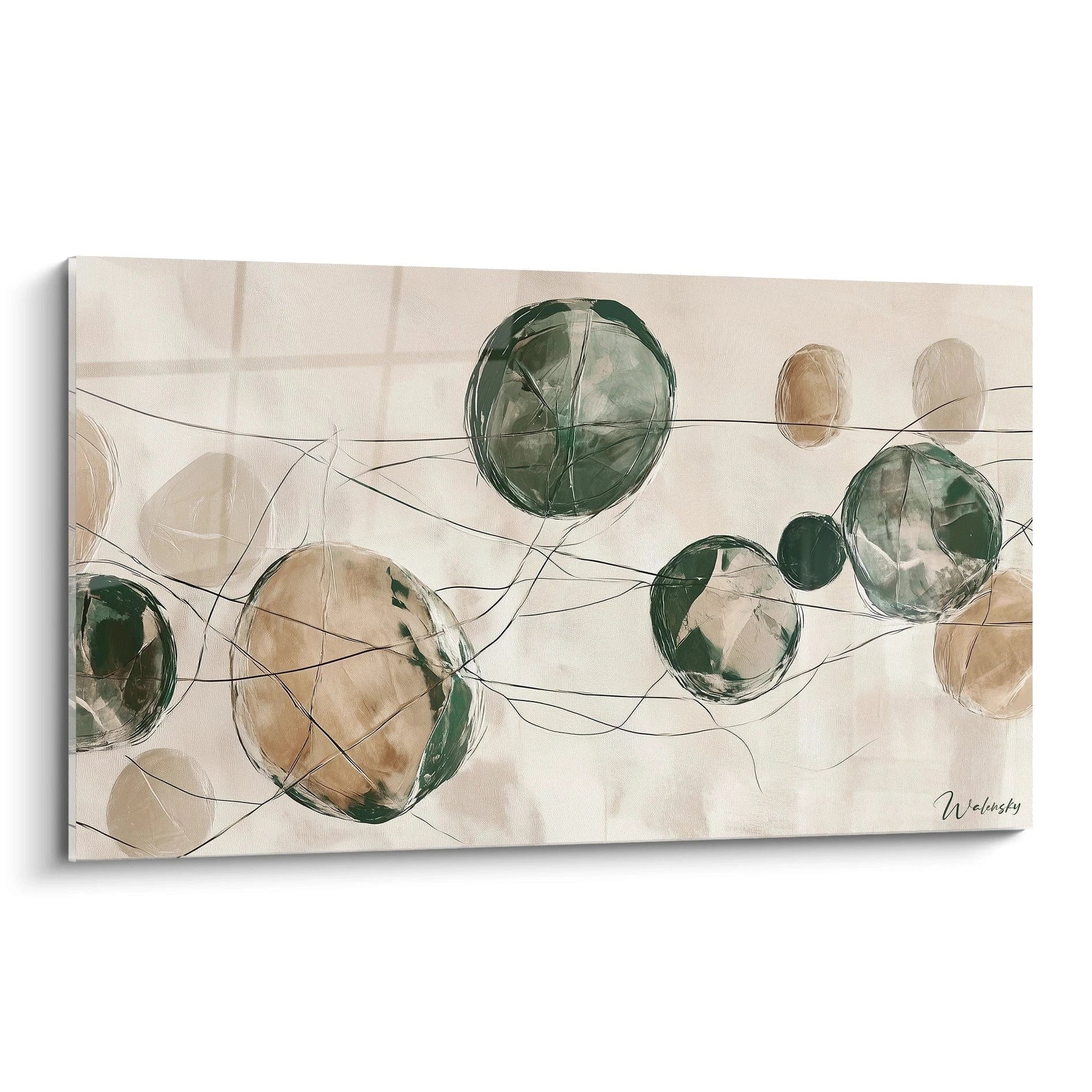 Tableau artistique abstrait avec des formes circulaires vertes et marron, entrelacées par des lignes fluides.