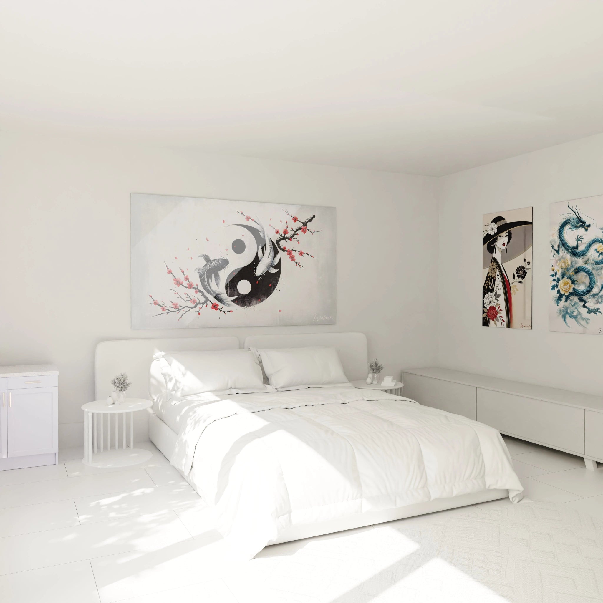 tableau asie accroché au mur au-dessus d’un lit carpes koï yin-yang cerisier rouge fond minimaliste chambre ambiance zen