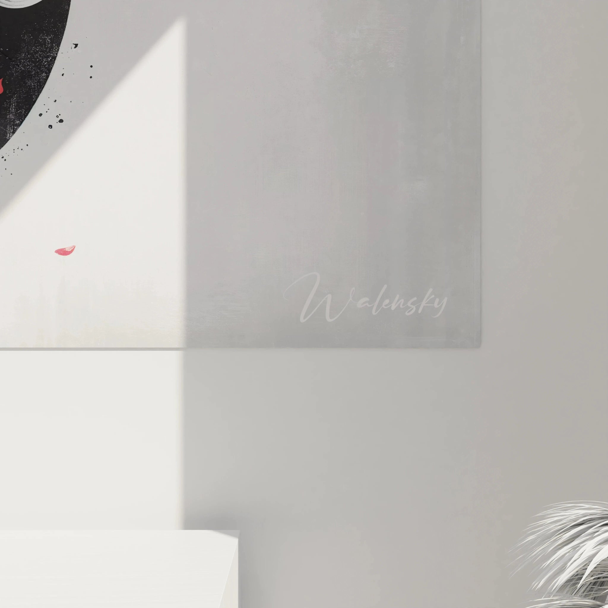 vue de près du tableau asie carpes koï motifs fins branches de cerisier rouge fond léger dualité yin-yang minimalisme