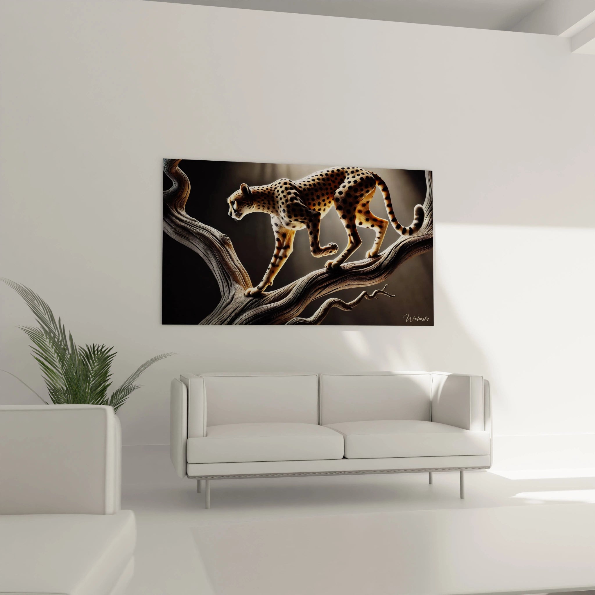tableau guepard majestueux suspendu au mur dans un salon, au dessus du canape. Ce tableau apporte une touche de nature sauvage et de force grace a sa representation realiste et saisissante