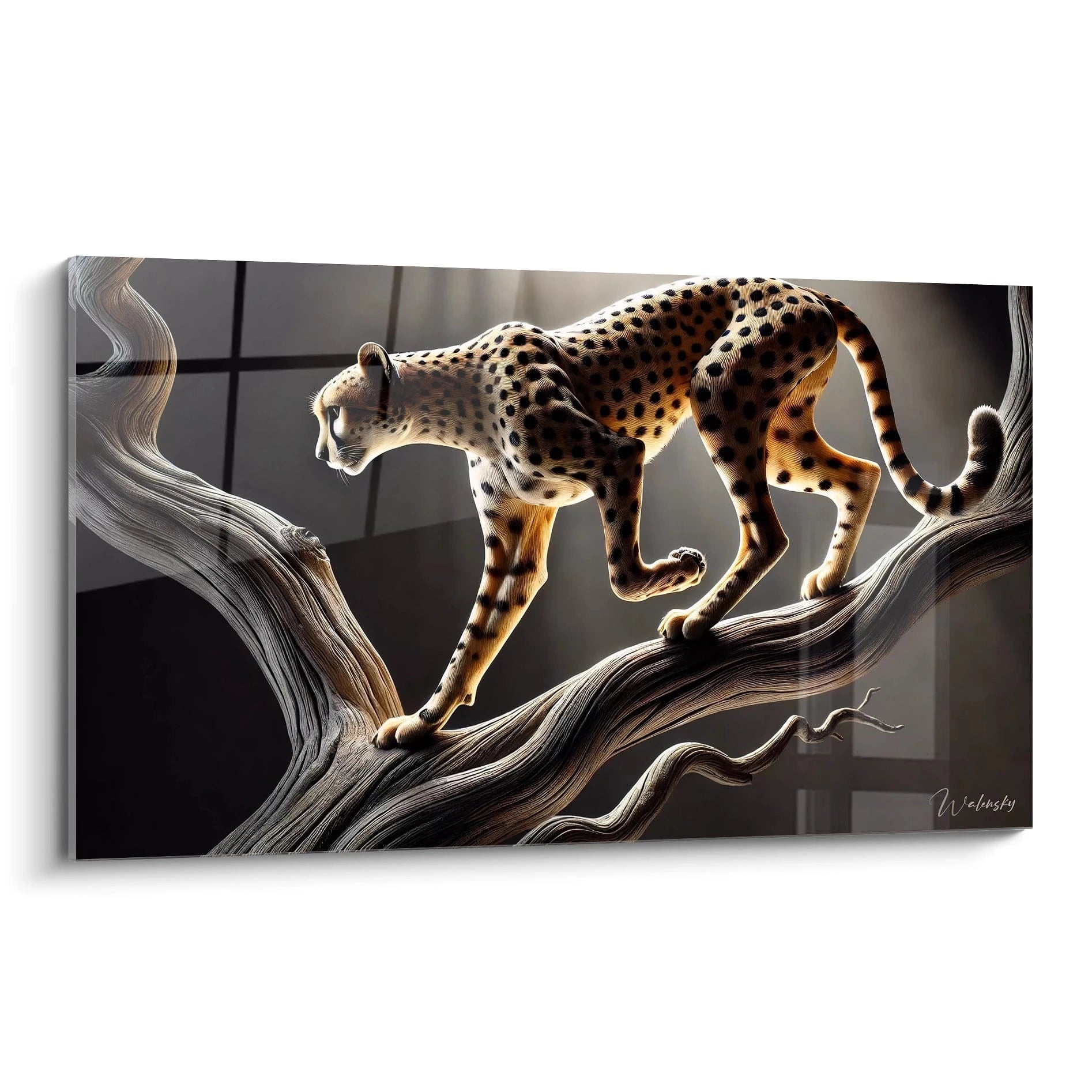 tableau guepard elegant vu de biais avec des details precis sur son pelage et son environnement. Une oeuvre realiste qui capture la tension et la puissance du guepard en pleine posture de chasse