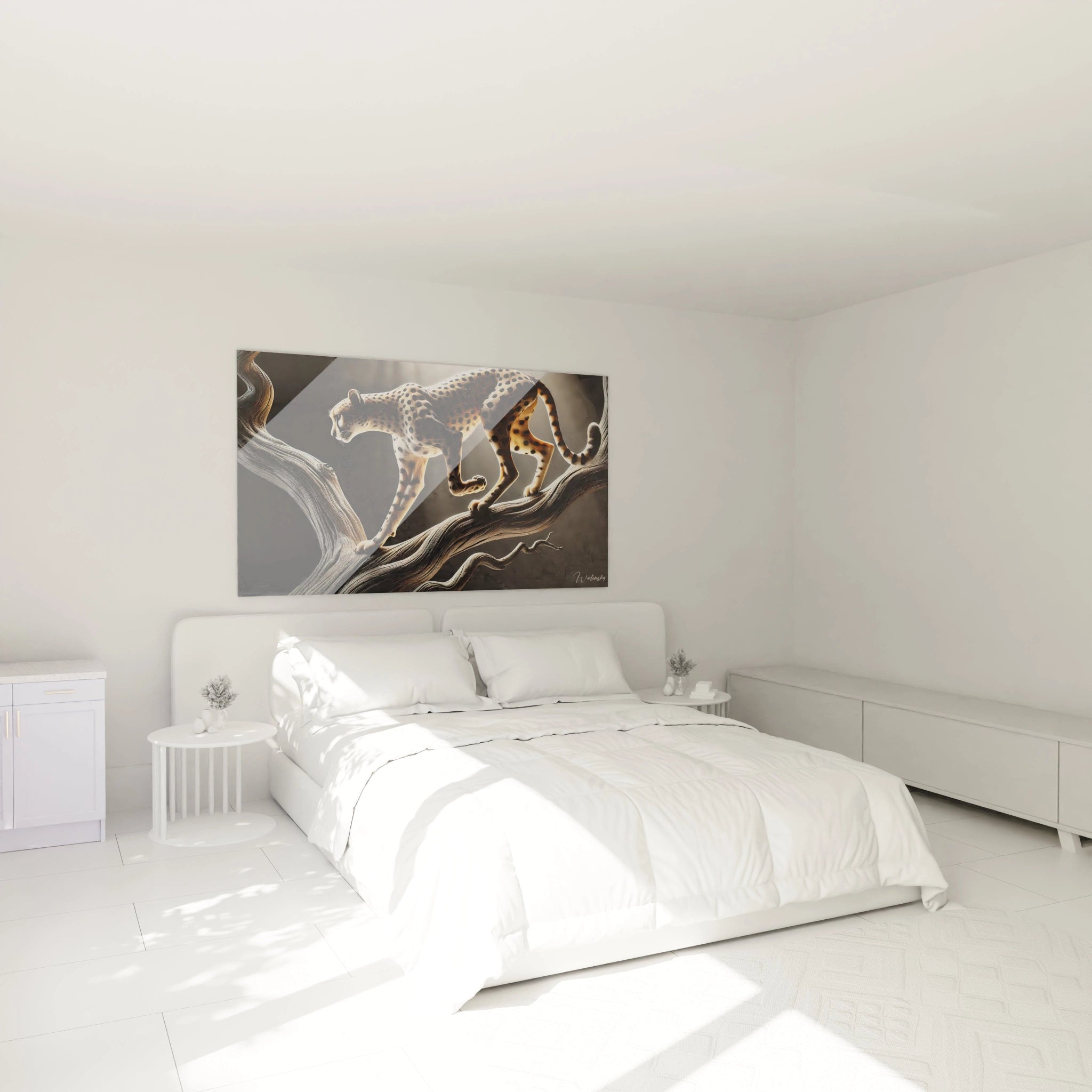 tableau guepard accroche au mur au dessus du lit, apportant une touche sauvage et majestueuse a la chambre. Un choix parfait pour une ambiance elegante avec des couleurs sombres et naturelles
