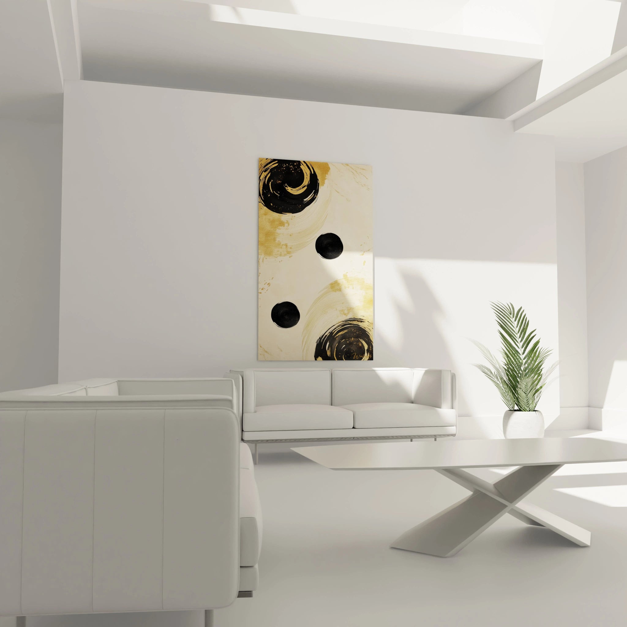 Tableau géométrique abstrait de Walensky avec des cercles noirs et des touches dorées sur fond clair